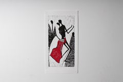Dancing partners, linoleum block print by Elisia Nghidishange