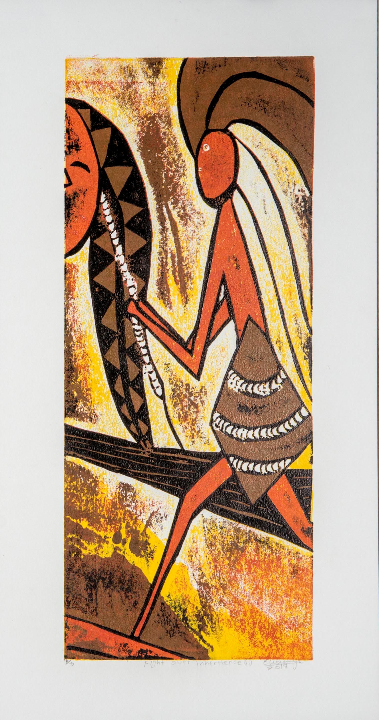 Fight over inheritance (i) & (ii), 2017. Cardboard block print on paper

Elisia Nghidishange was born in Eenhana in northern Namibia. This printmaker, sculptor and mixed media artist graduated from the College of the Arts in Windhoek in 2016.