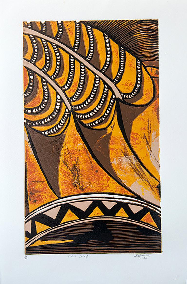 Fußstep, Elisia Nghidishange, Kartonblockdruck auf Papier, Tinte