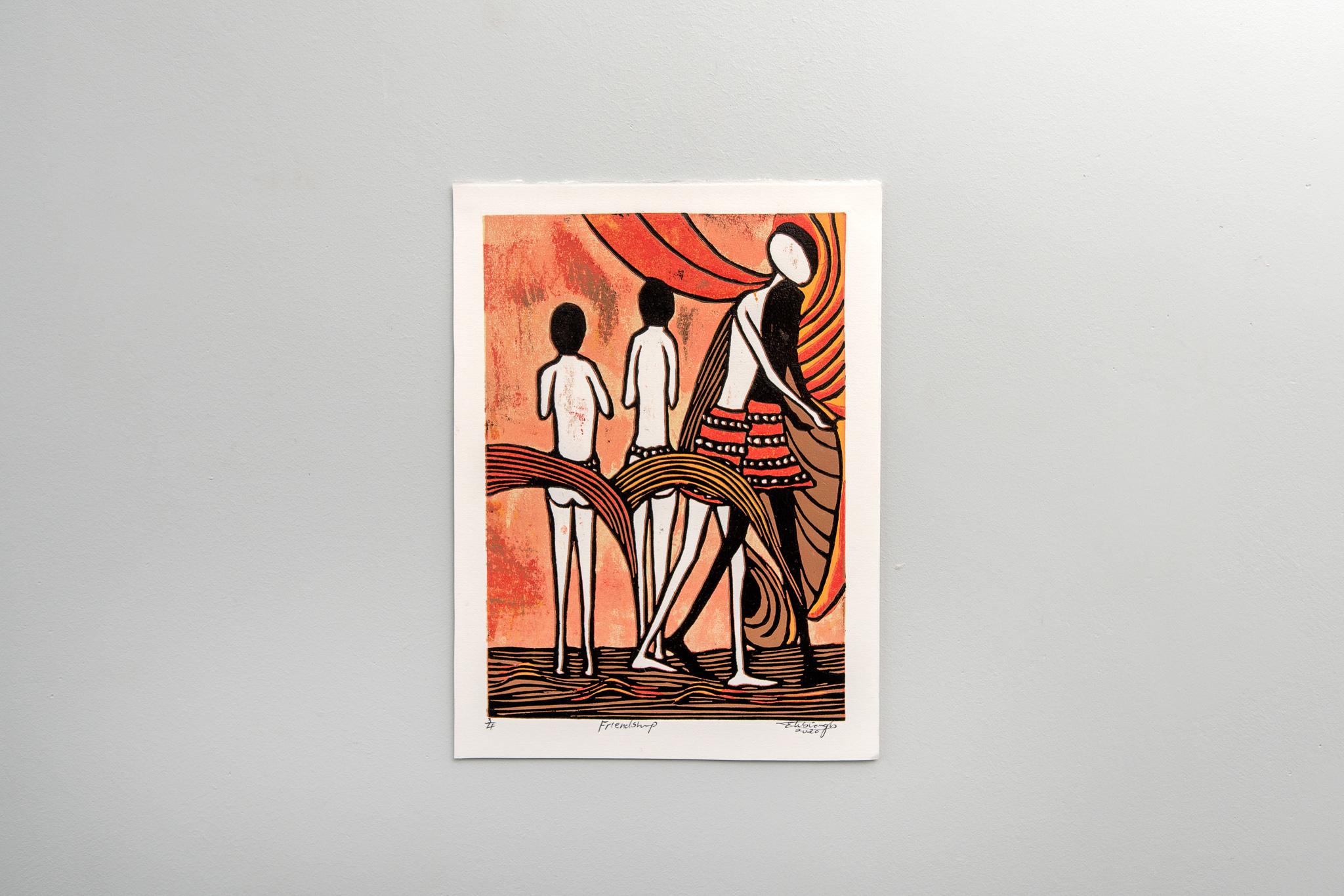 Friendship, 2020. Cardboard block print on fabriano paper, 3/4

Elisia Nghidishange was born in Eenhana in northern Namibia. This printmaker, sculptor and mixed media artist graduated from the College of the Arts in Windhoek in 2016. Nghidishange