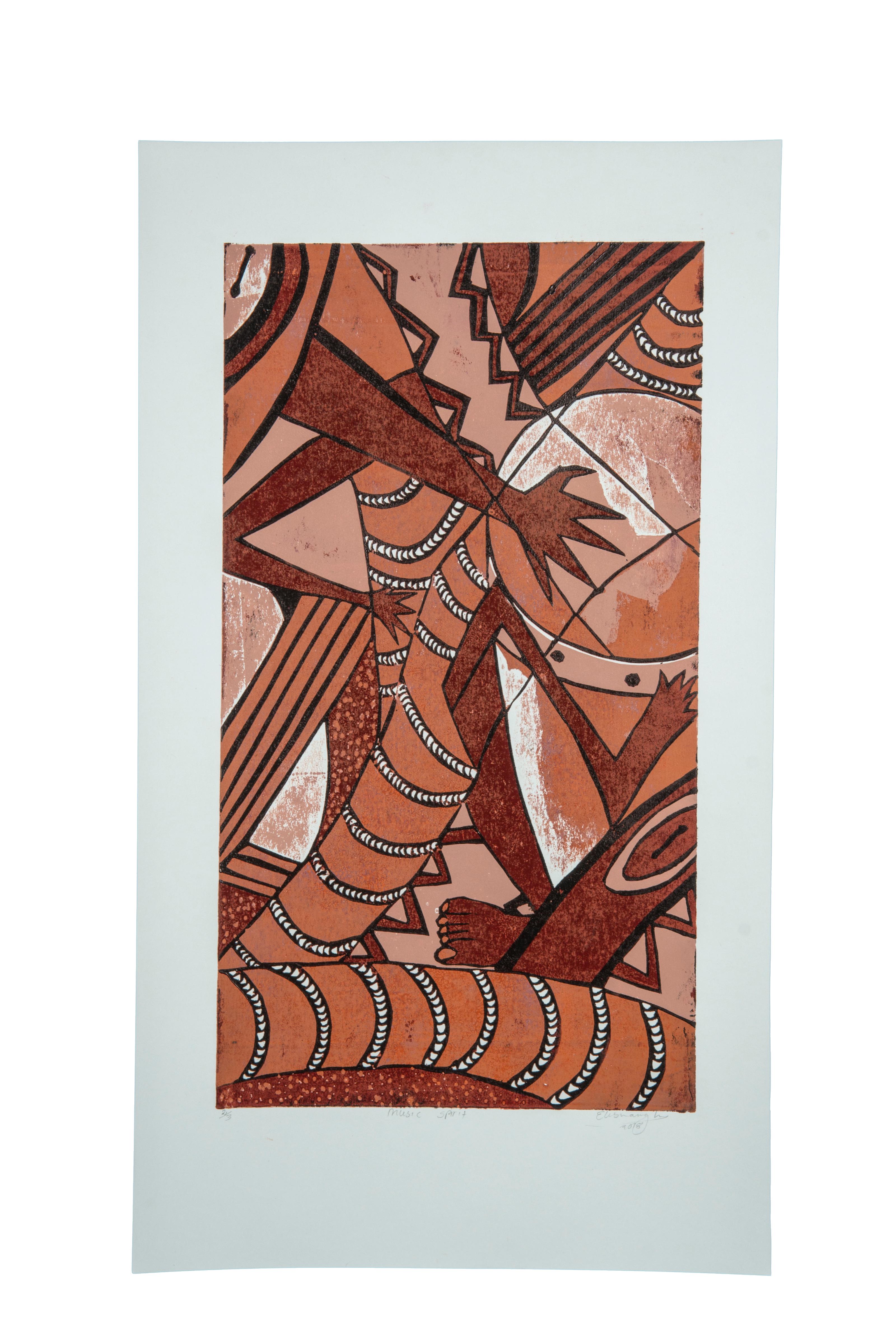 Music Spirit, 2018. Cardboard block print on paper, 2/3

Elisia Nghidishange was born in Eenhana in northern Namibia. This printmaker, sculptor and mixed media artist graduated from the College of the Arts in Windhoek in 2016. Nghidishange has taken