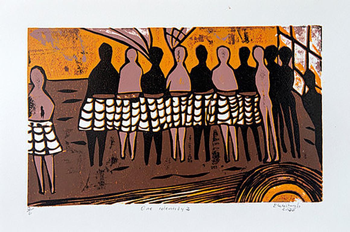One Identity 2, 2020. Cardboard relief print on paper, 2/6

Elisia Nghidishange was born in Eenhana in northern Namibia. This printmaker, sculptor and mixed media artist graduated from the College of the Arts in Windhoek in 2016. Nghidishange has