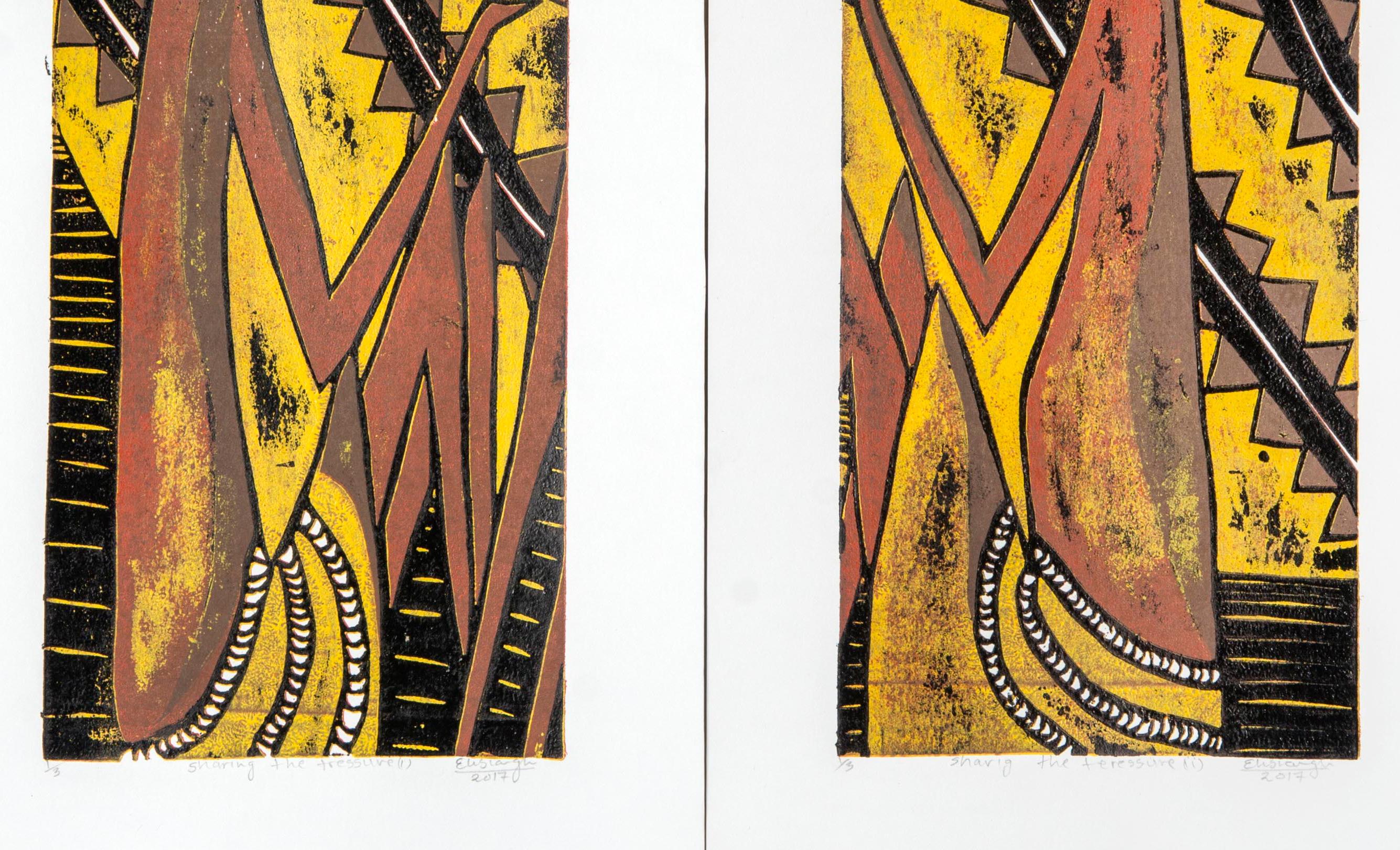 Sharing the Treasure (i) & (ii), Elisia Nghidishange, relief print, ink on paper For Sale 3