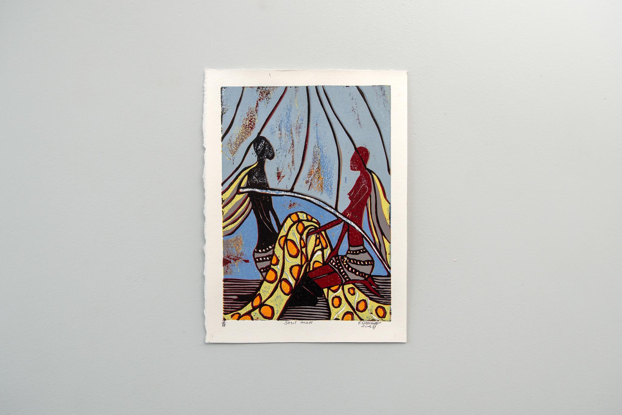 Soul Mate, 2020. Cardboard block print on fabriano paper, 2/3

Elisia Nghidishange was born in Eenhana in northern Namibia. This printmaker, sculptor and mixed media artist graduated from the College of the Arts in Windhoek in 2016. Nghidishange has