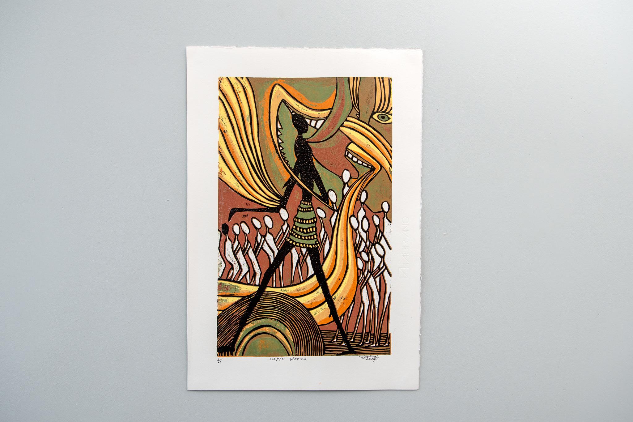 Super Woman, 2020. Cardboard block print on fabriano paper, 1/4

Elisia Nghidishange was born in Eenhana in northern Namibia. This printmaker, sculptor and mixed media artist graduated from the College of the Arts in Windhoek in 2016. Nghidishange