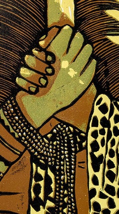 United 2, Elisia Nghidishange, cardboard block print on paper
