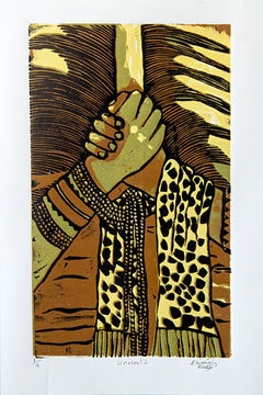 United 2, Elisia Nghidishange, cardboard block print on paper