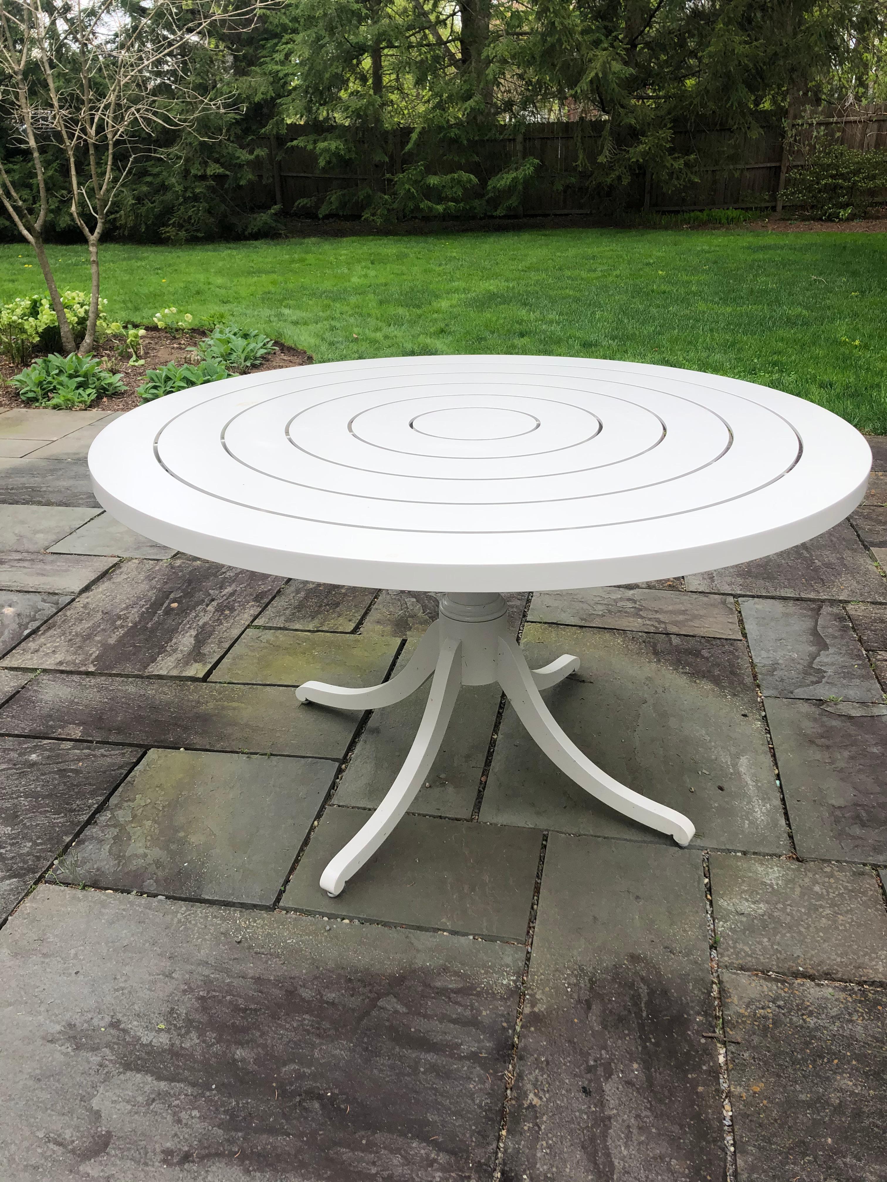 Chic round outdoor precision crafted heavy white aluminum dining table bought 4 years ago for about $11K from McKinnon & Harris, the internationally recognized outdoor furniture brand revered for exceptional hand craftsmanship and high performance