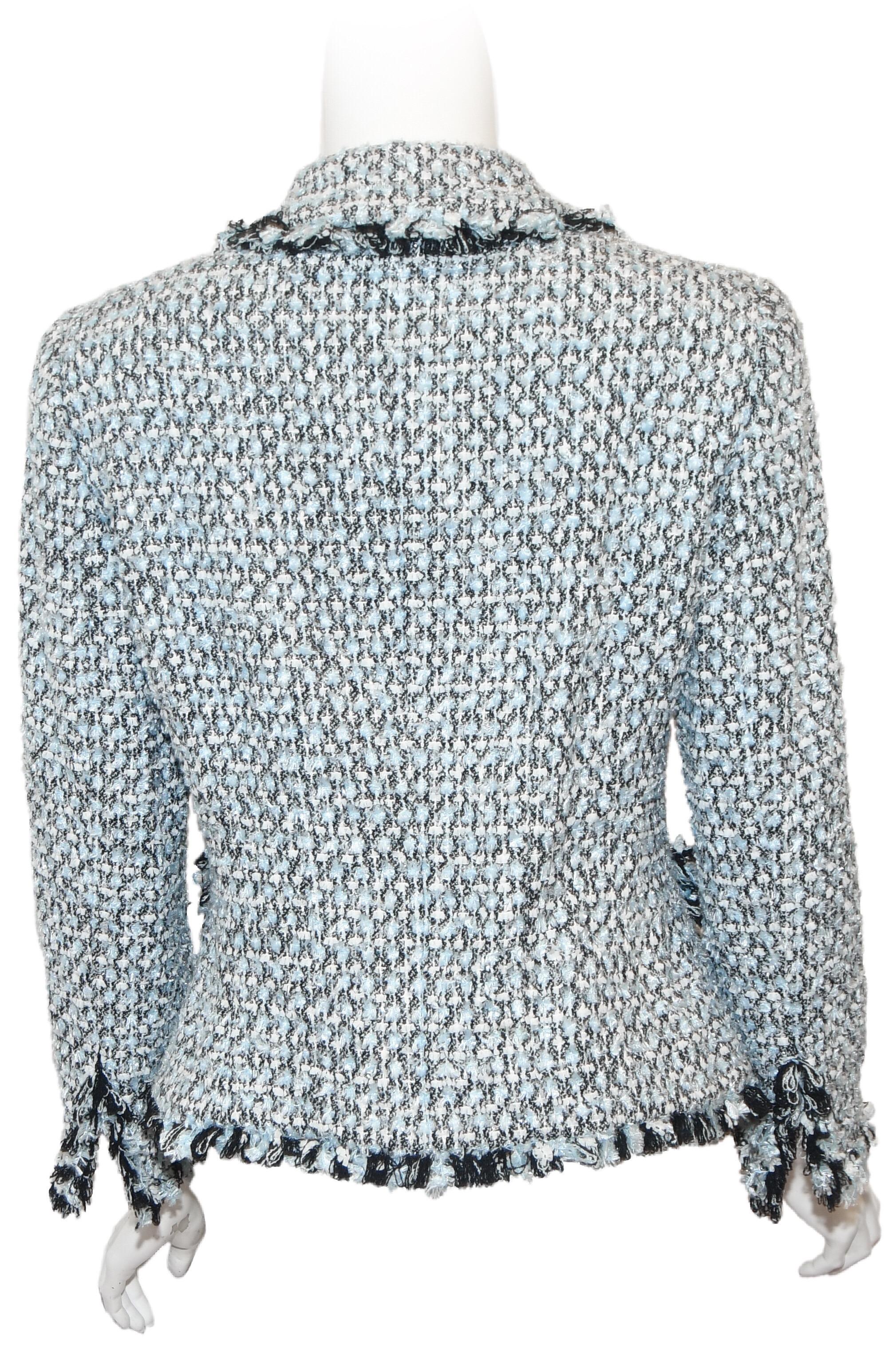 Gray Elite Escada Blue Tweed Fringe Jacket With Front Pockets