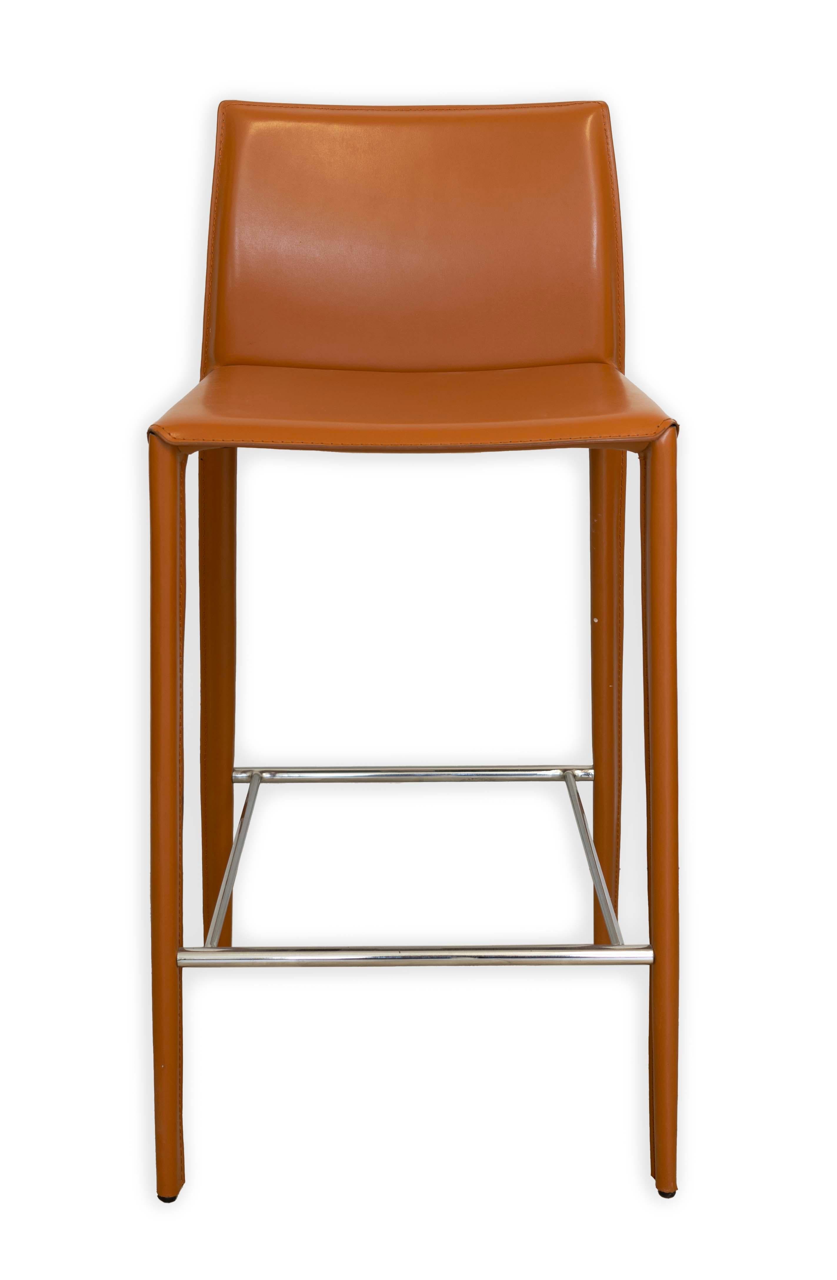 American Elite Living Hilton Four Leather Stitched Cognac Bar Stools Contemporary Modern