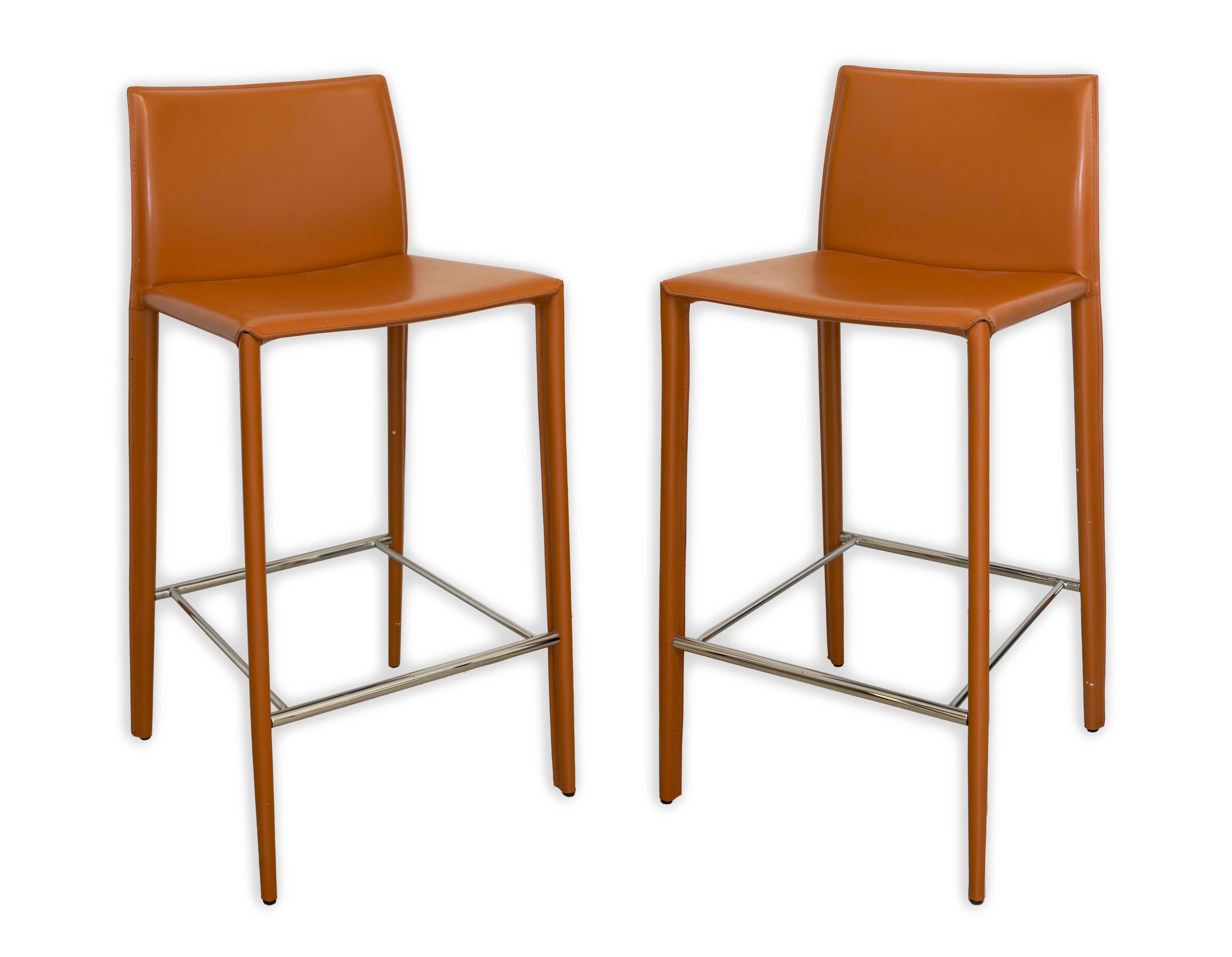 Elite Living Hilton Four Leather Stitched Cognac Bar Stools Contemporary Modern In Good Condition In Keego Harbor, MI