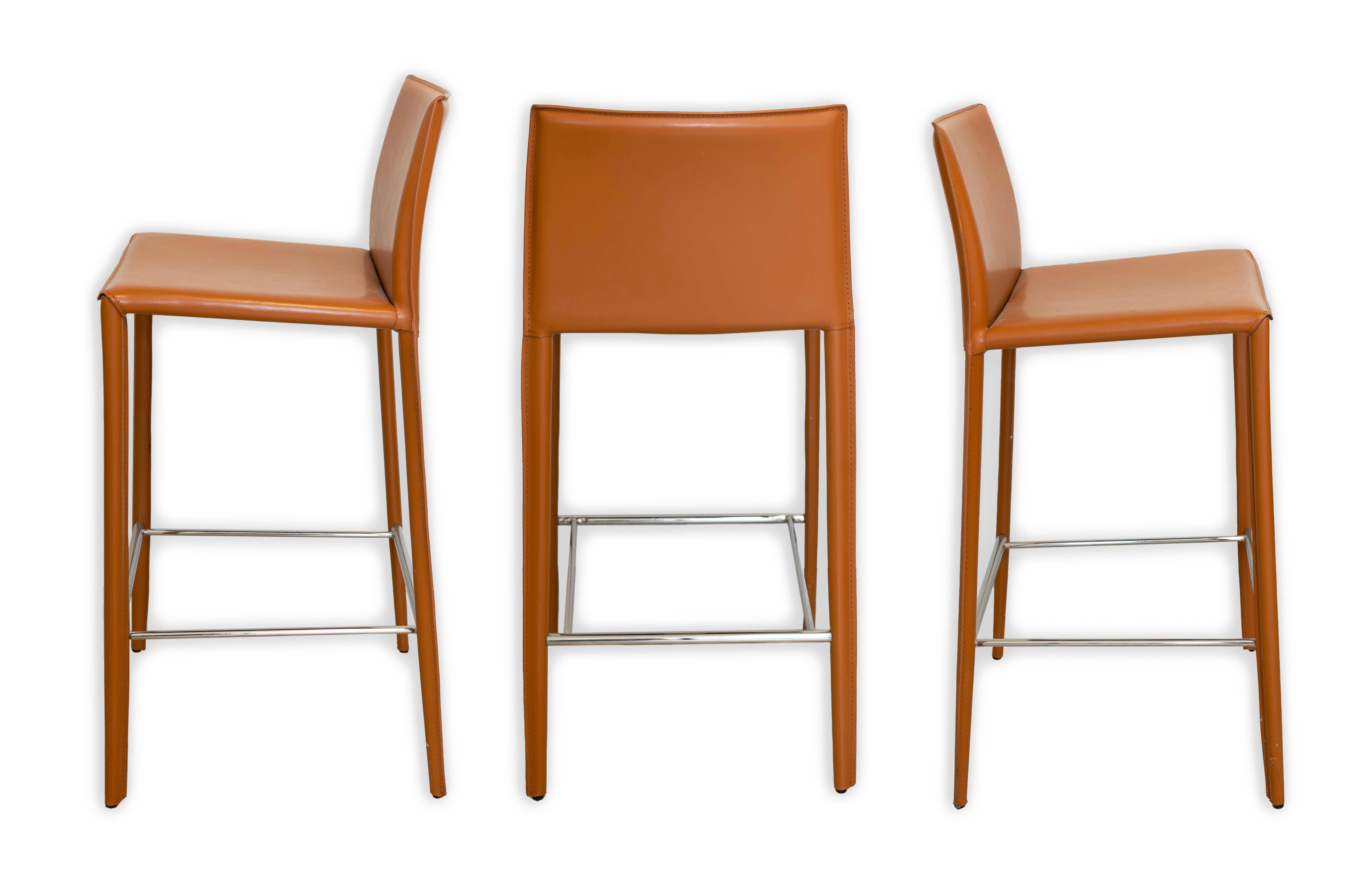 20th Century Elite Living Hilton Four Leather Stitched Cognac Bar Stools Contemporary Modern