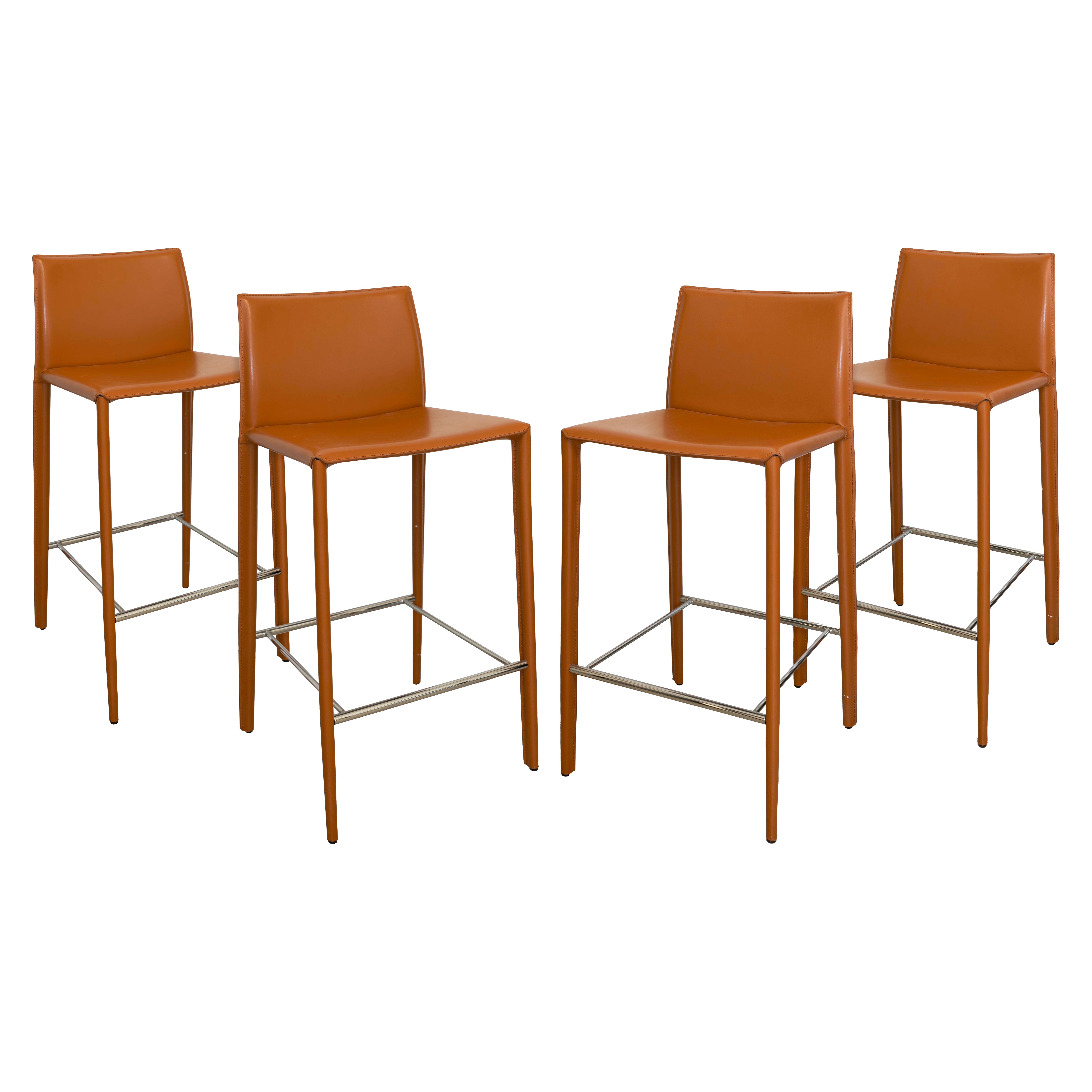 Elite Living Hilton Four Leather Stitched Cognac Bar Stools Contemporary Modern
