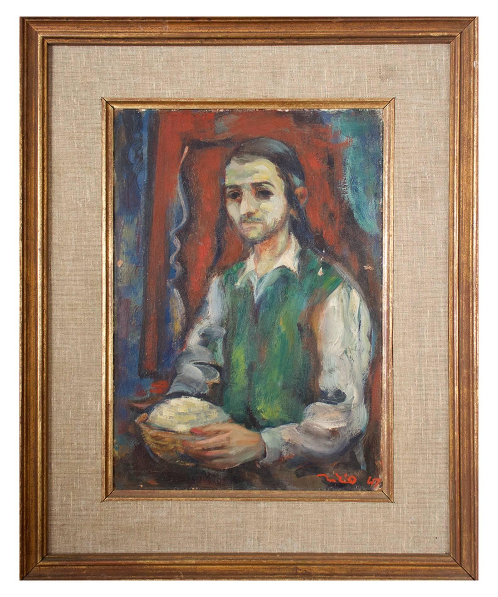 Young Religious Man 1947 Palestine, Israeli Judaica Painting - Gray Figurative Painting by Eliyahu Sigard