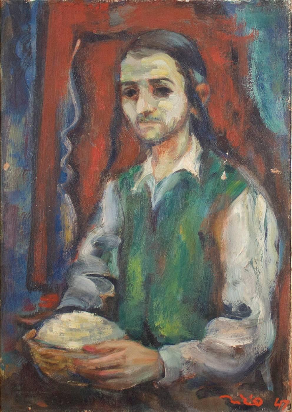 Eliyahu Sigard Figurative Painting - Young Religious Man 1947 Palestine, Israeli Judaica Painting