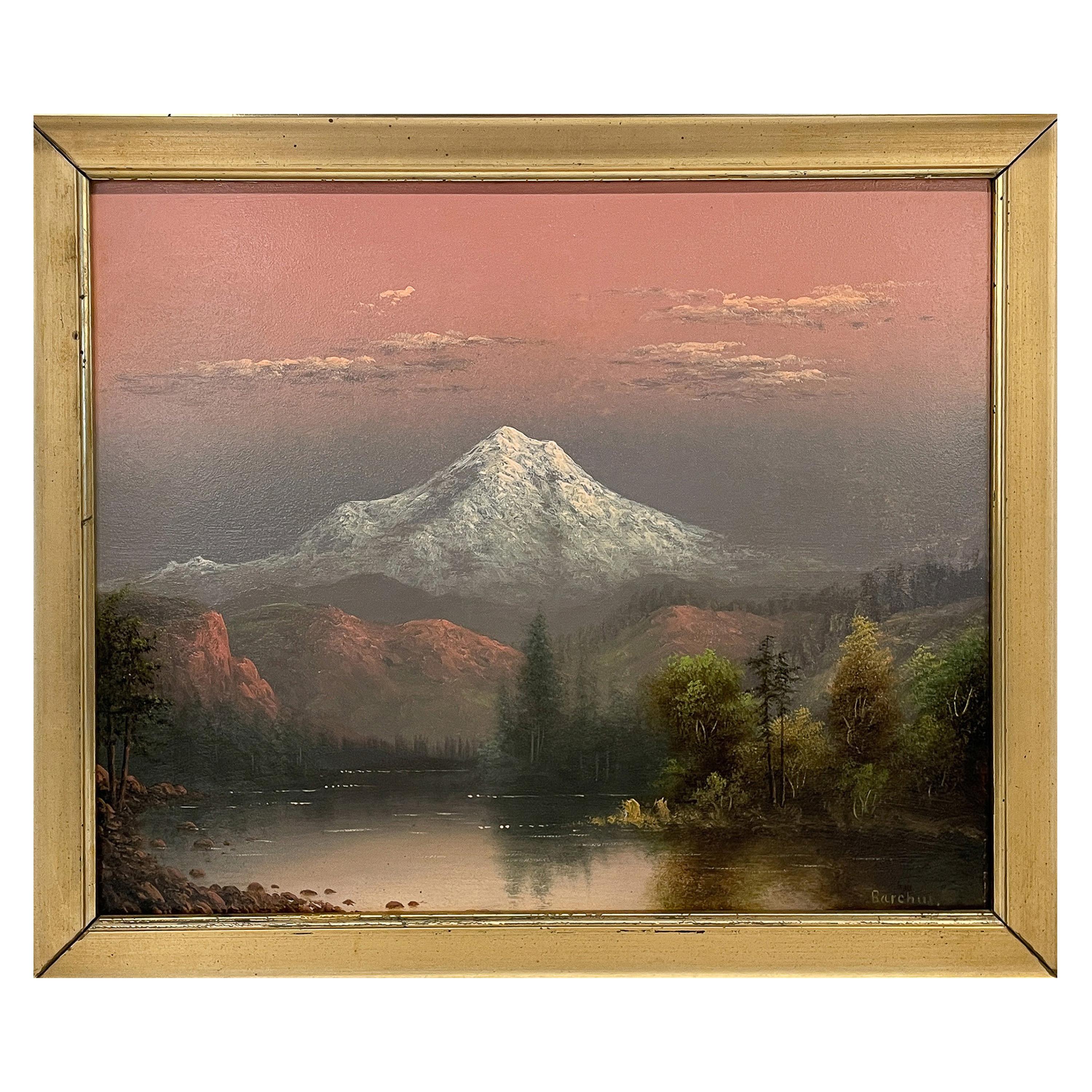 Antico dipinto a olio realista americano Paesaggio del Monte Hood al tramonto Oregon 1900 - Painting di Eliza Barchus