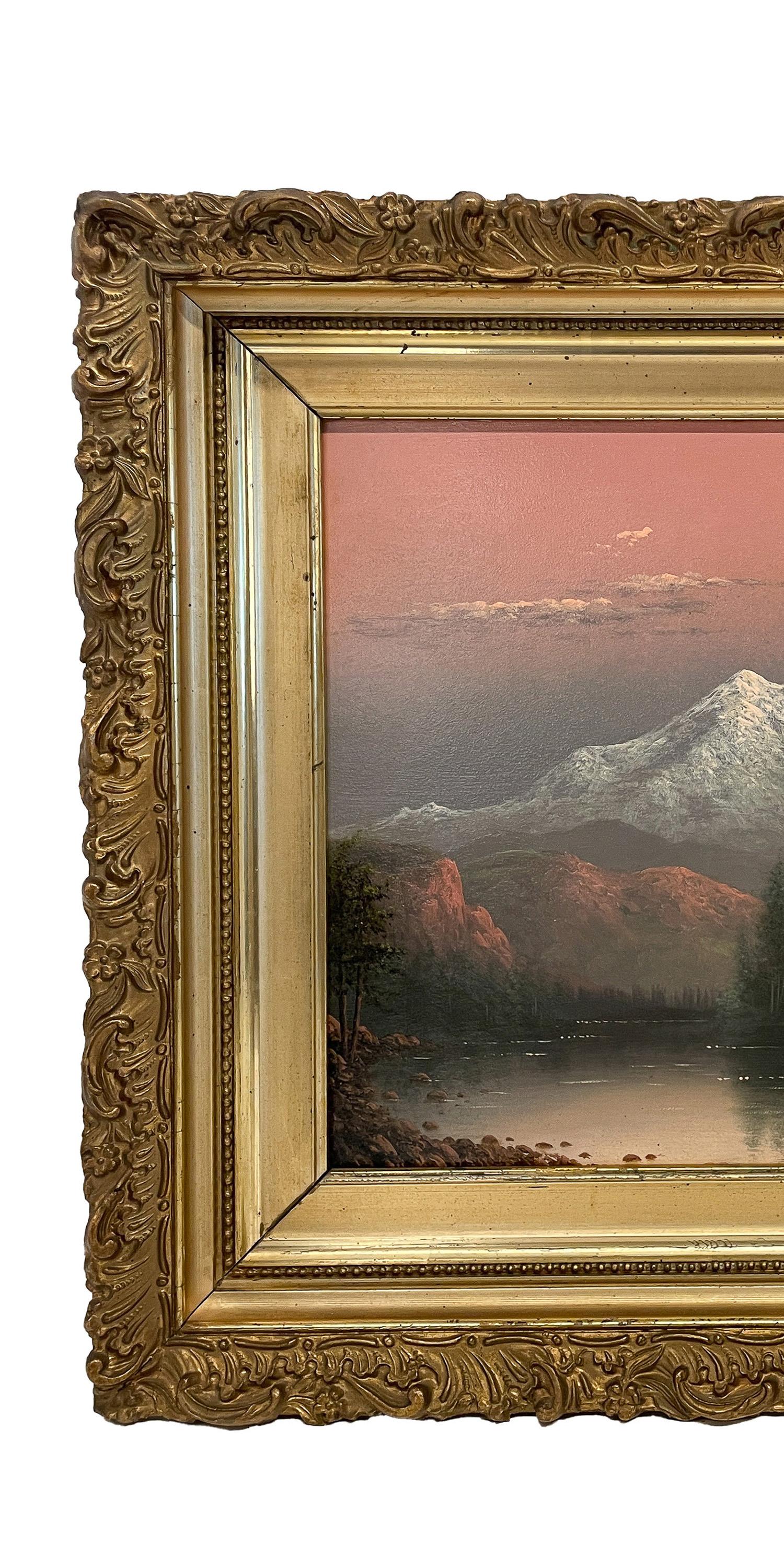 Antico dipinto a olio realista americano Paesaggio del Monte Hood al tramonto Oregon 1900 - Painting Realismo americano di Eliza Barchus