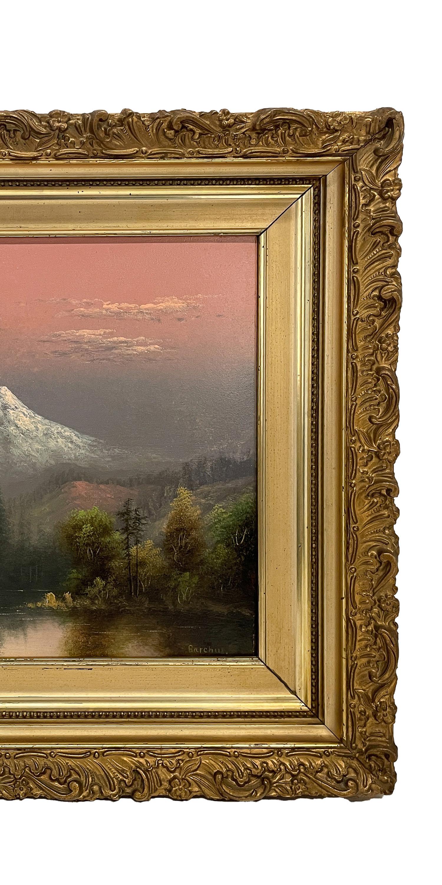 Antico dipinto a olio realista americano Paesaggio del Monte Hood al tramonto Oregon 1900 - Landscape Painting Marrone di Eliza Barchus