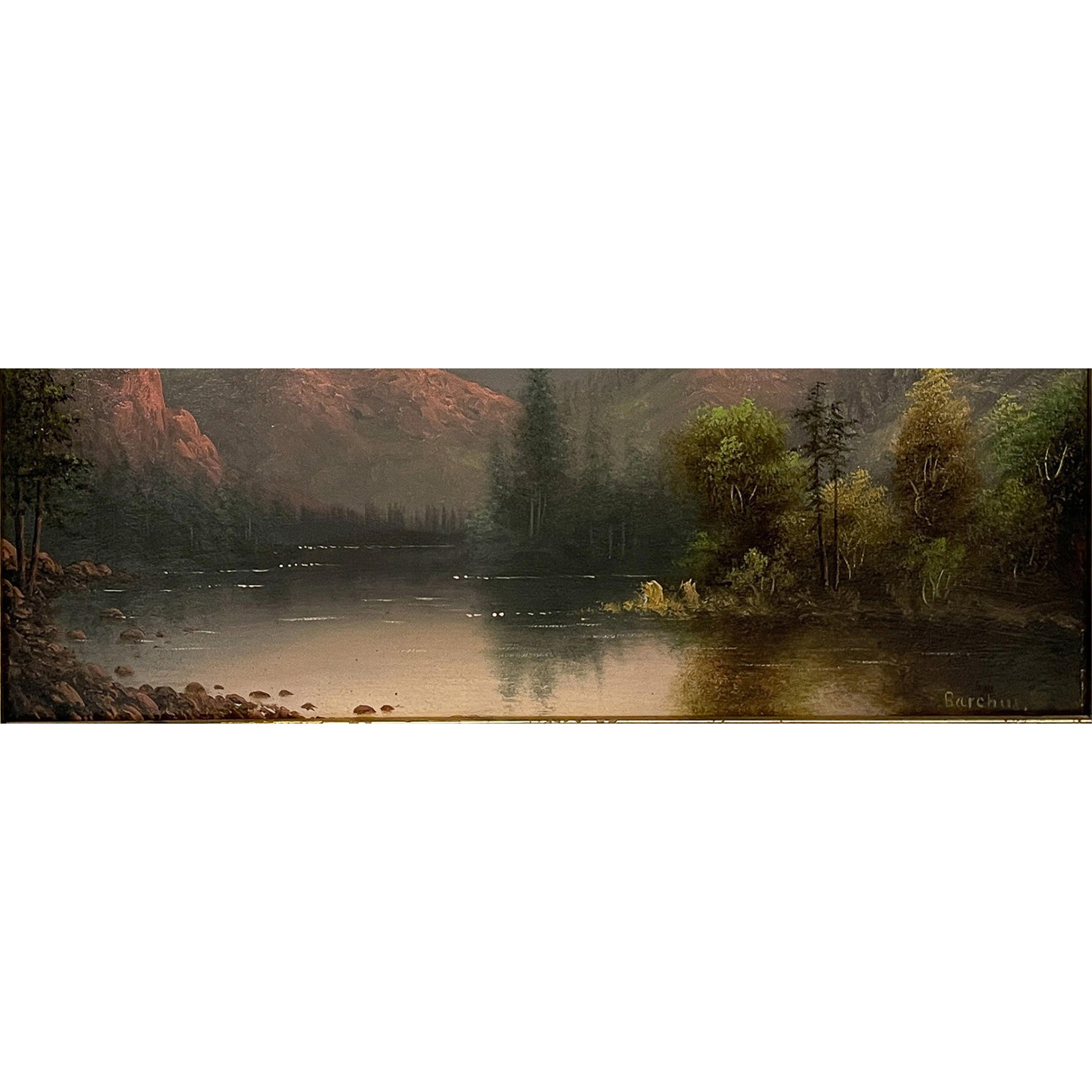 Antico dipinto a olio realista americano Paesaggio del Monte Hood al tramonto Oregon 1900 in vendita 2