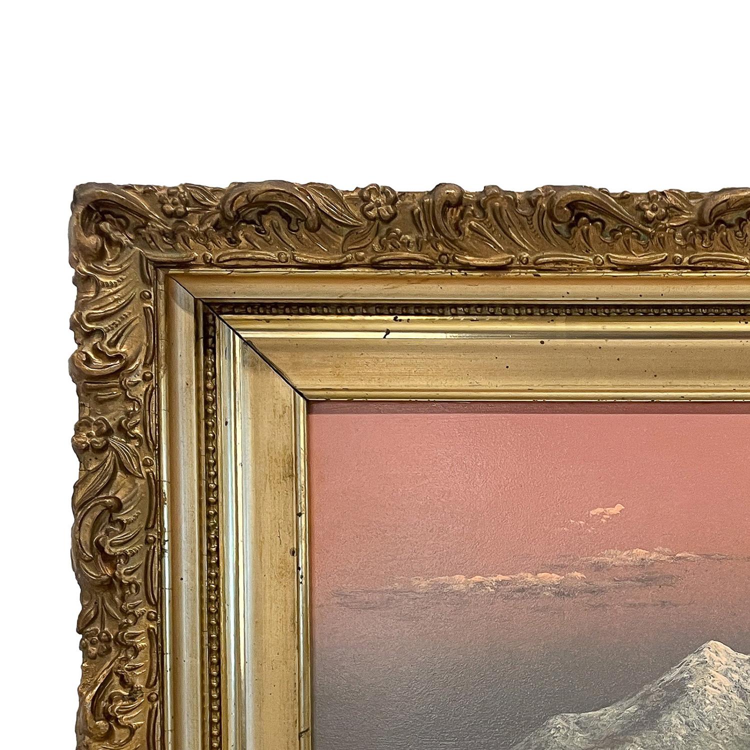 Antico dipinto a olio realista americano Paesaggio del Monte Hood al tramonto Oregon 1900 in vendita 3