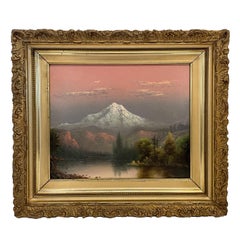 Antique American Realist Oil Painting Landscape Mount Hood at Sunset Oregon 1900