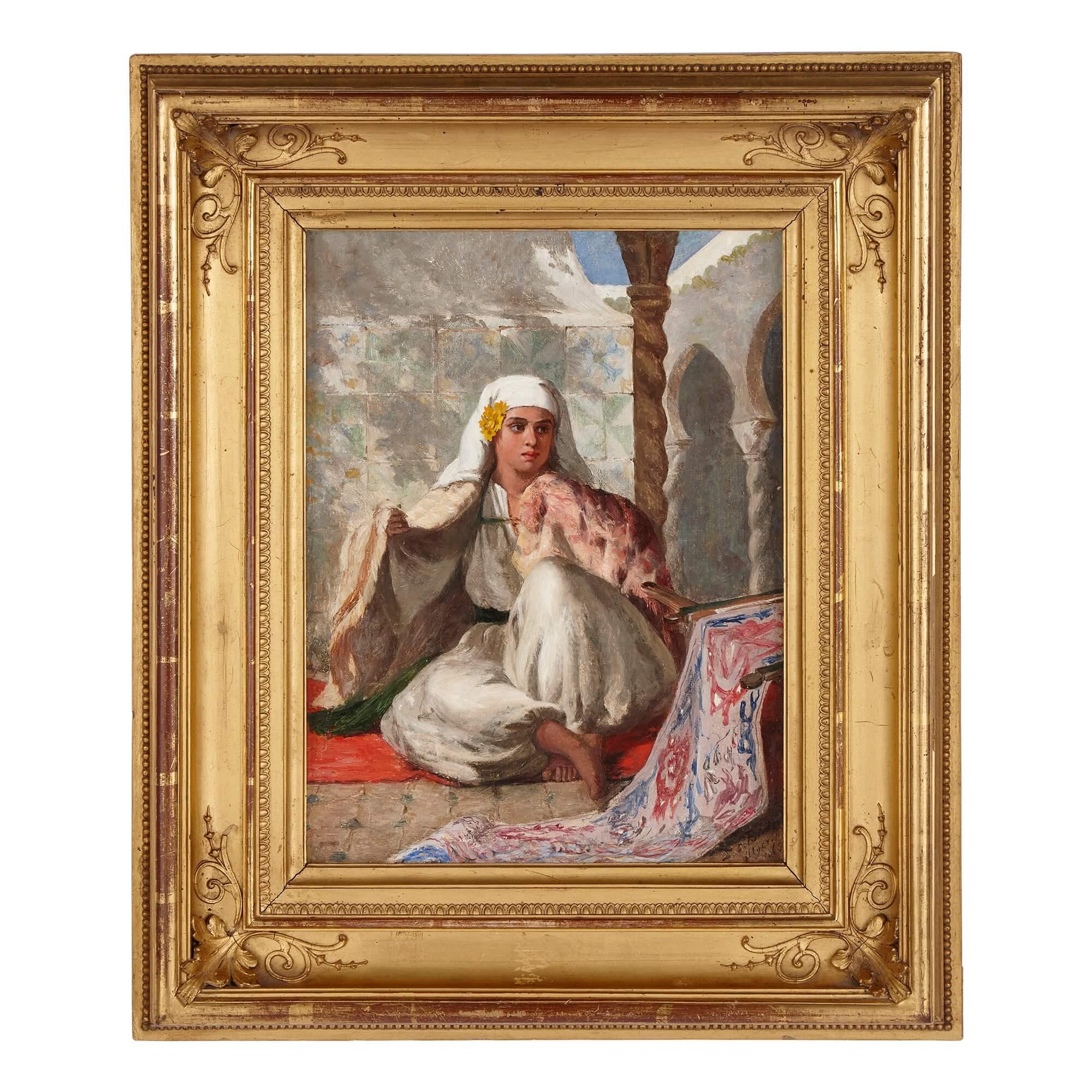 Orientalist portrait painting by Bridell-Fox, 1865
English, 1865
Canvas: Height 33cm, width 25cm
Frame: Height 49.5cm, width 42cm, depth 6cm

This intimate portrait depicts a seated Algerian woman. The subject looks to her left at something beyond