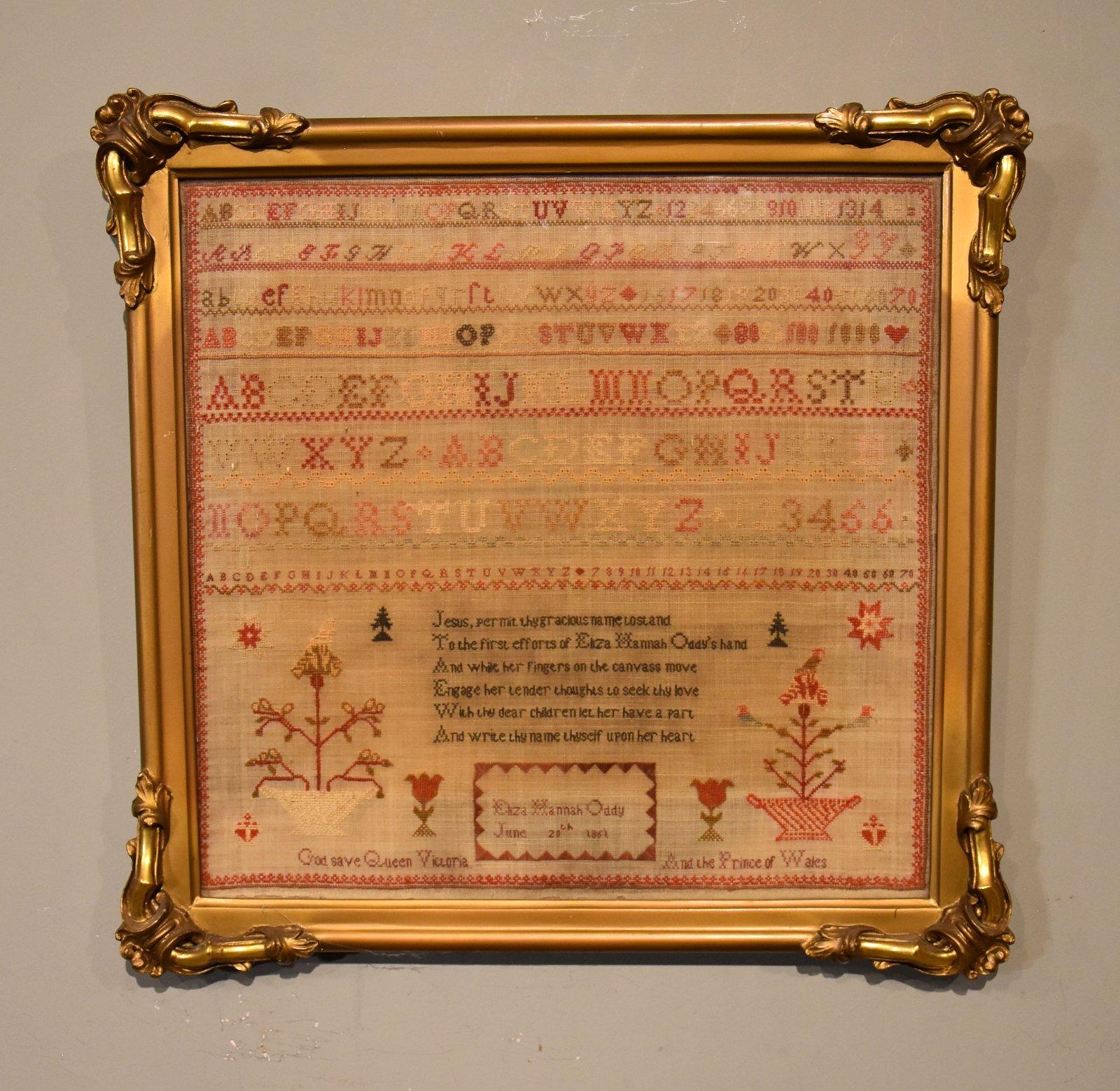 A 19th Century Sampler by  Eliza Hanna Oddy June 20th 1861 in original frame

Dimensions framed:
height 15" x width 16"

All of the items that we advertise for sale have been as accurately described as possible and are in excellent condition, unless