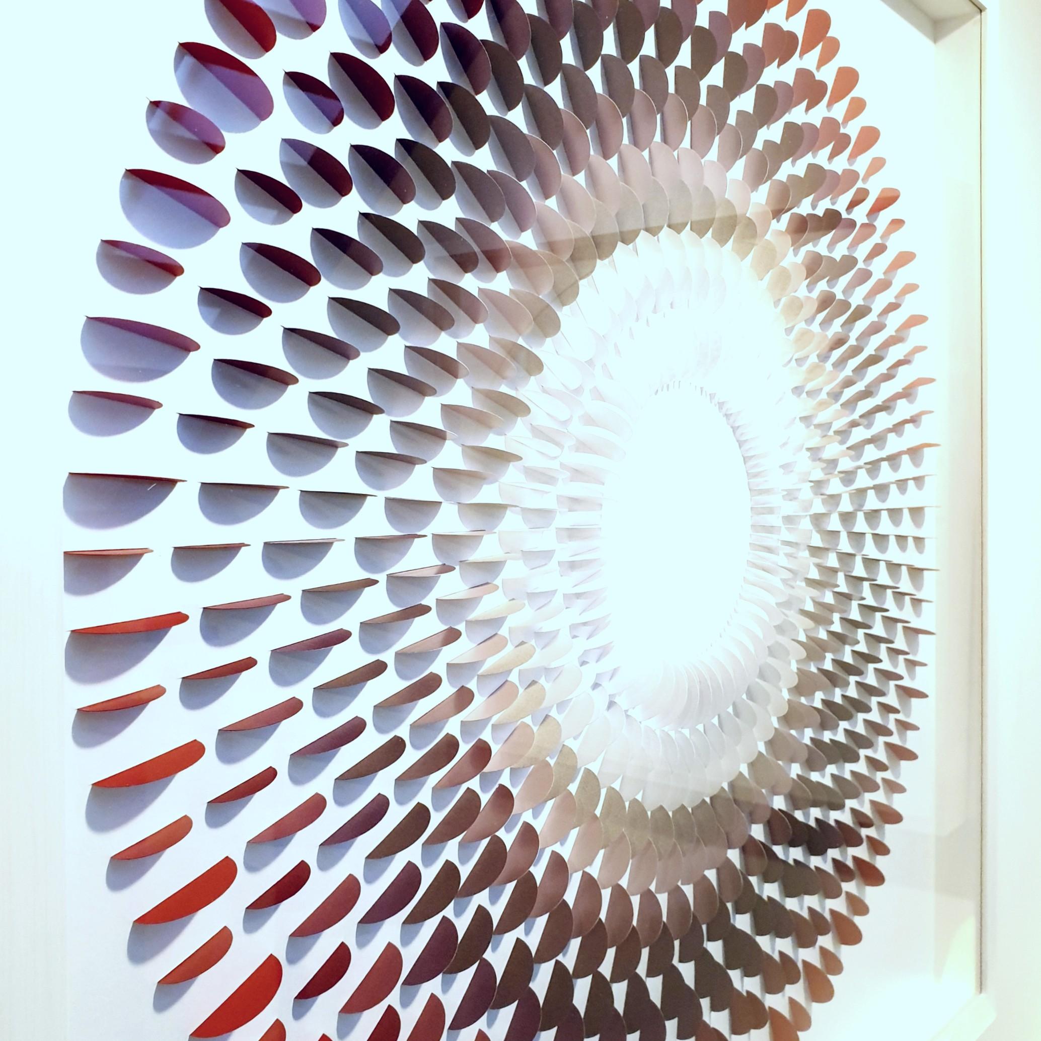Circle Rozetta Grey & Red - contemporary modern geometric paper relief painting - Contemporary Sculpture by Eliza Kopec
