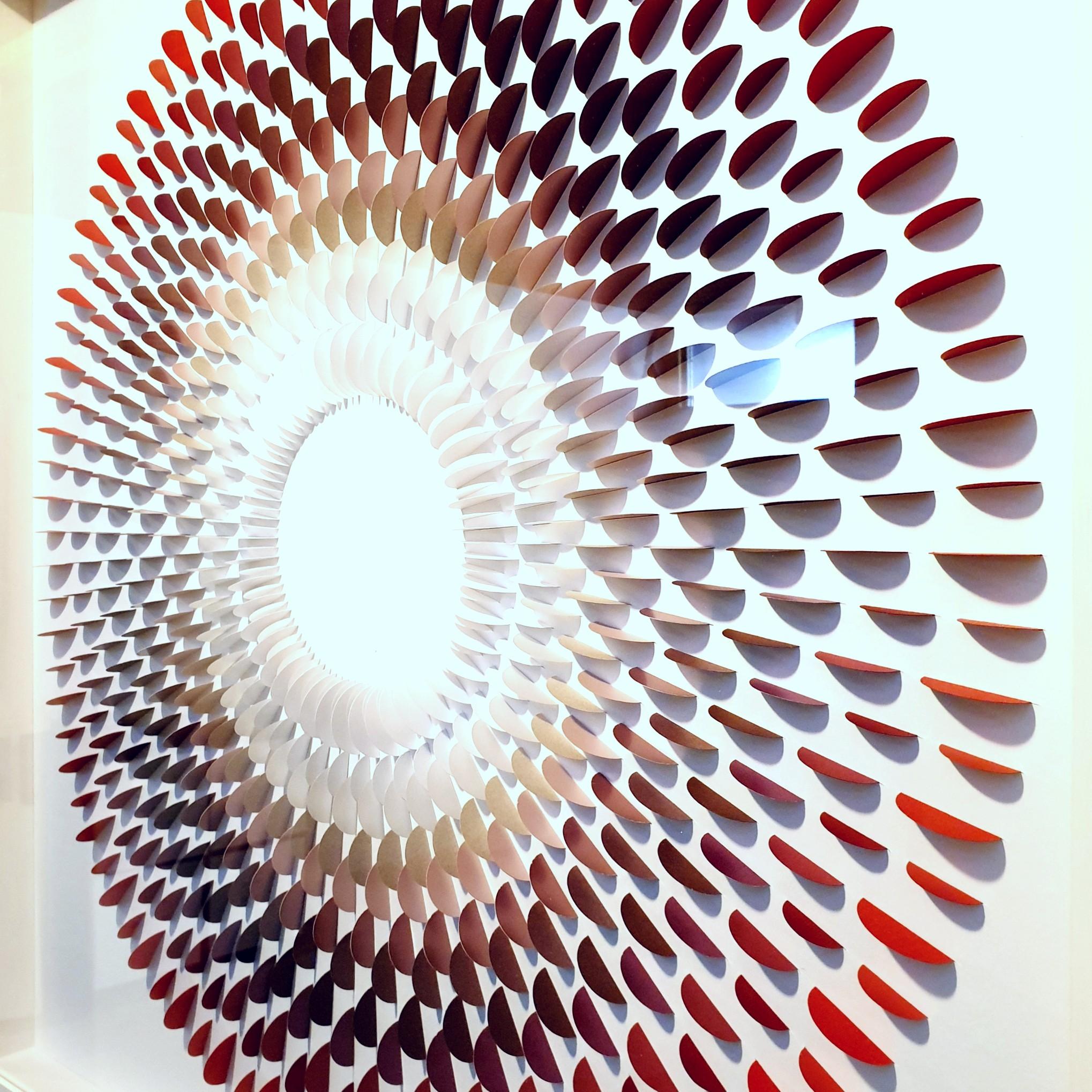Circle Rozetta Grey & Red - contemporary modern geometric paper relief painting - Gray Abstract Sculpture by Eliza Kopec