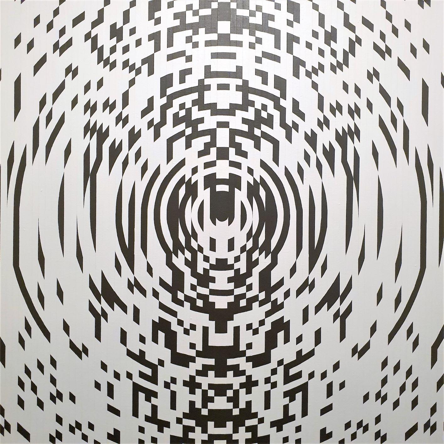 Fragmentation is a unique contemporary modern painting by renowned Polish-Dutch artist Eliza Kopec. The painting is a typical example of her preferred minimalist abstract geometric vocabulary. The black and white expanding sound wave resembling