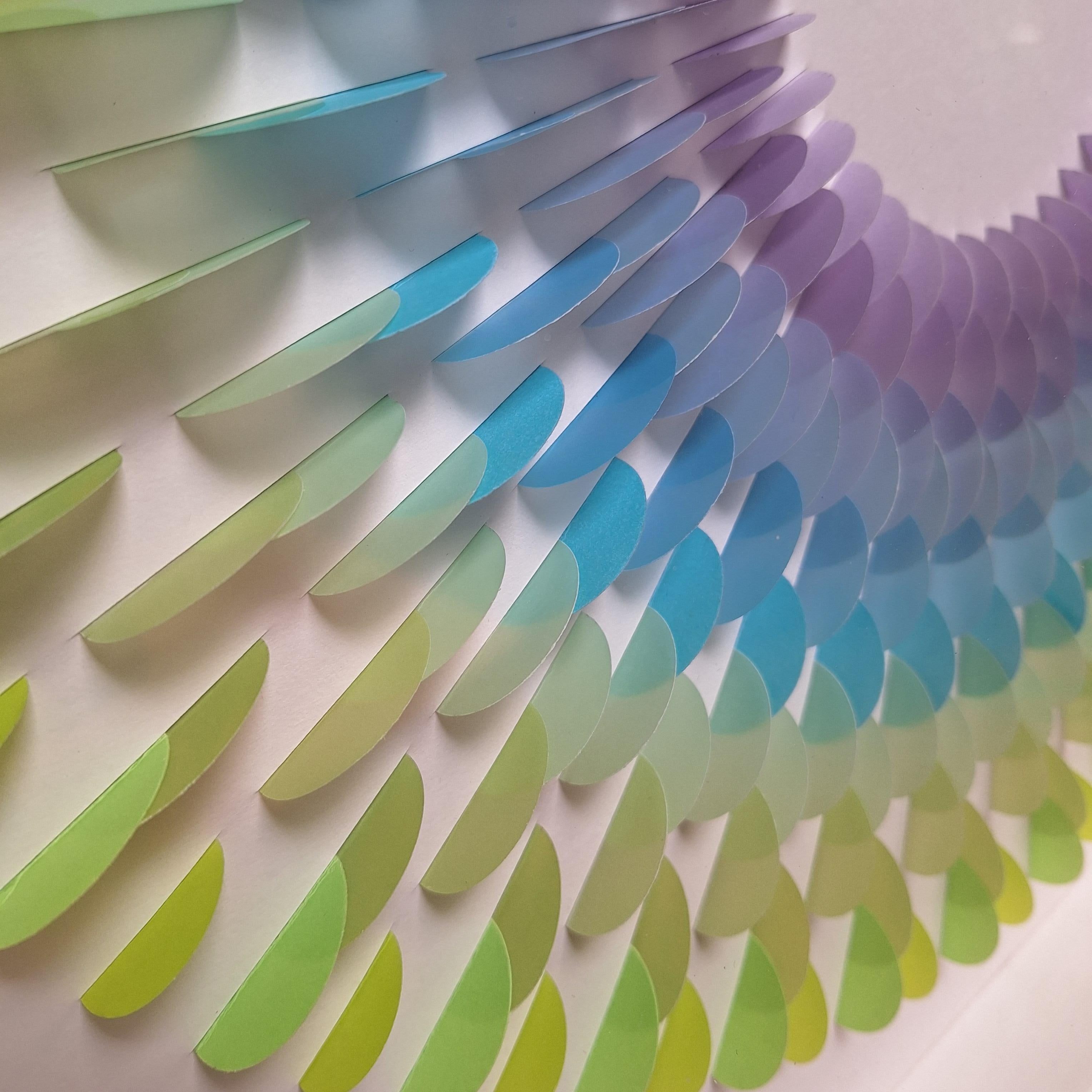 Rozetta Translucent VBG is a unique medium size contemporary modern paper relief by renowned Polish-Dutch artist Eliza Kopec. This relief is a typical example of her preferred minimalist abstract geometric vocabulary, formal and strict, but at the