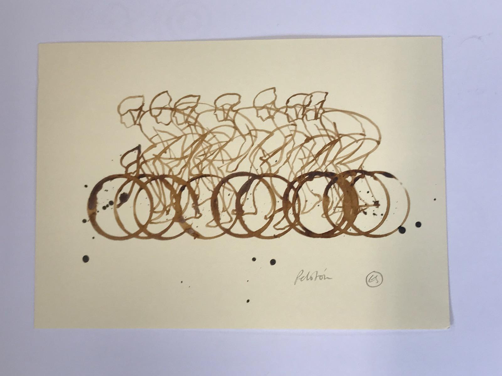 Small Coffee Peloton (CP5_small_feb15), Coffee on paper, Cycling, Transport  - Painting by Eliza Southwood 