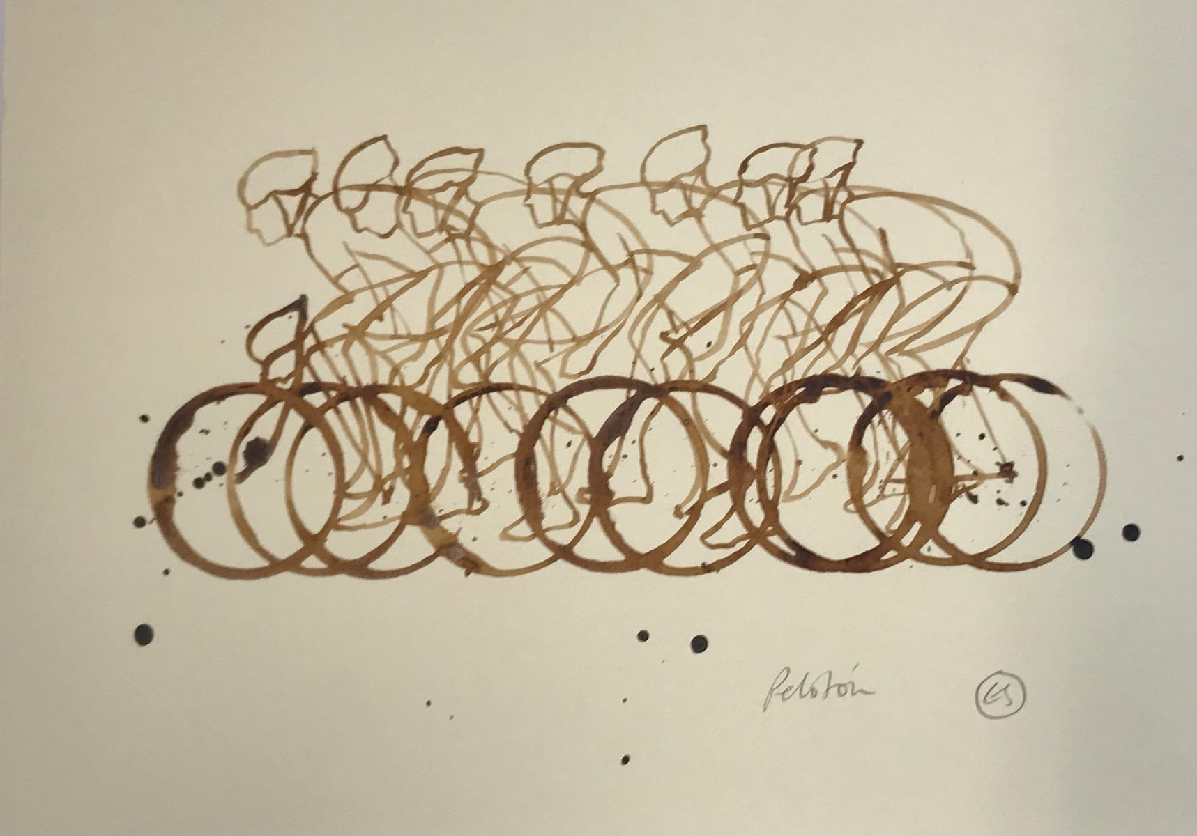 Eliza Southwood  Landscape Painting - Small Coffee Peloton (CP5_small_feb15), Coffee on paper, Cycling, Transport 