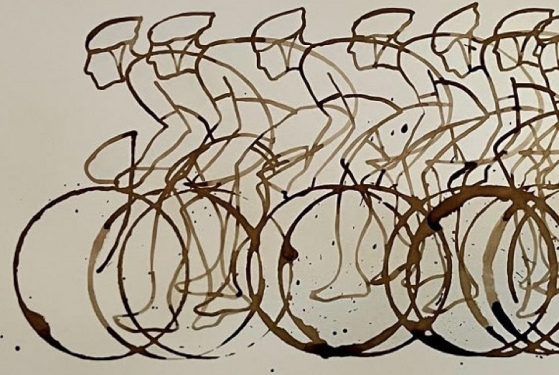 Coffe Peloton XIX, Original coffee painting of cyclists  - Painting by Eliza Southwood