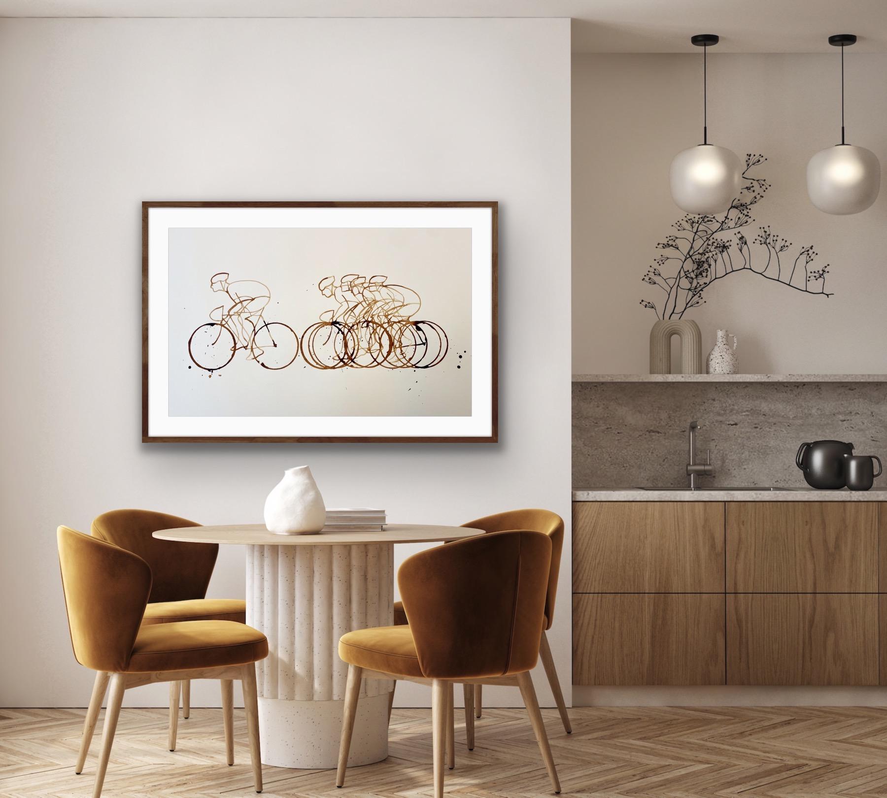 Original Artwork of cyclists, made from specially treated coffee and then submitted to a further setting treatment so the artwork will last

Complete size of sheet: 42 x 59.4 cm

ADDITIONAL INFORMATION:
Coffee Break (CB02_nov23) by Eliza