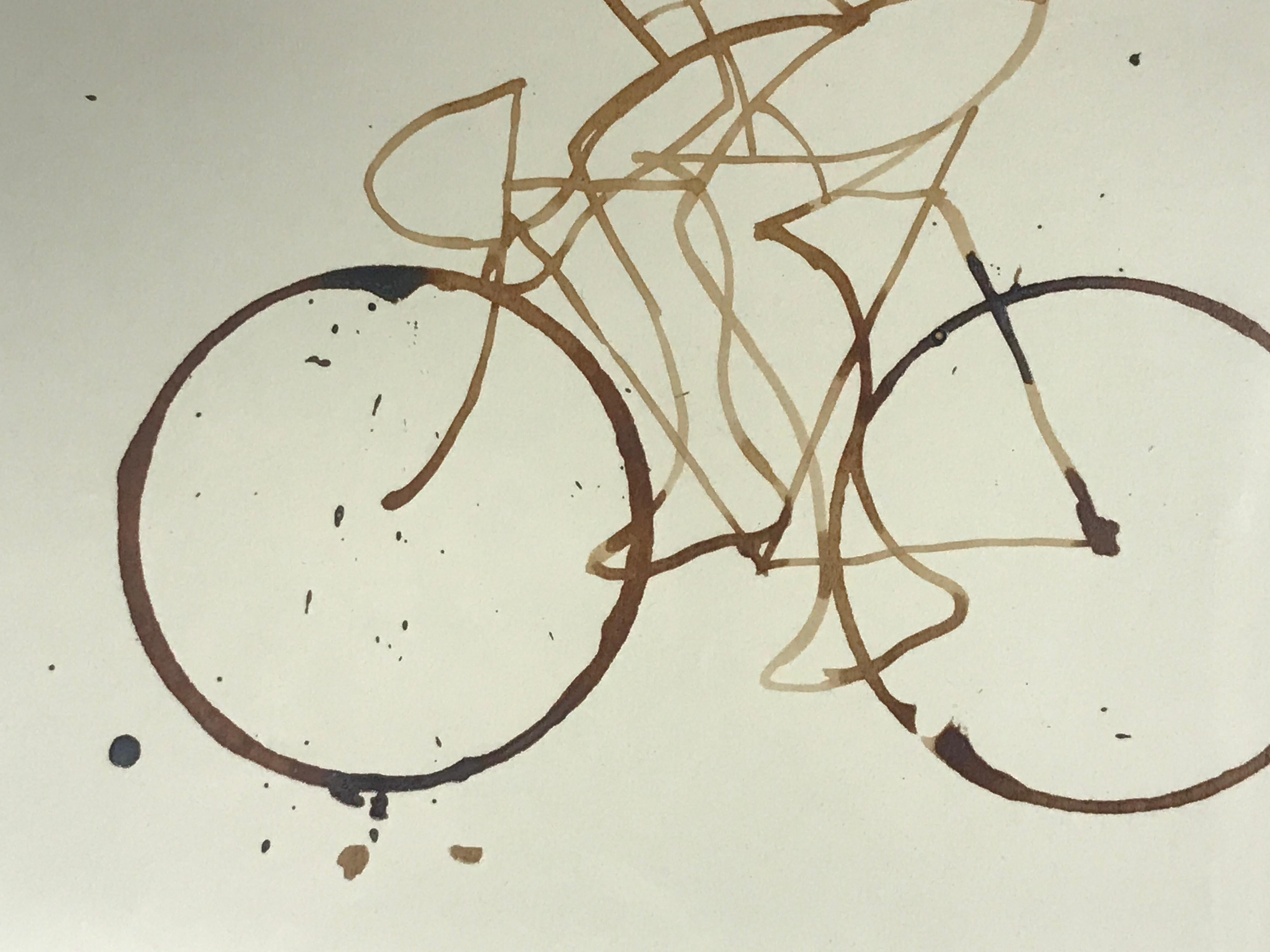 Original Artwork of cyclists, made from specially treated coffee and then submitted to a further setting treatment so the artwork will last

Complete size of sheet: 42 x 59.4 cm

ADDITIONAL INFORMATION:
Coffee Break (CB02_nov23) by Eliza