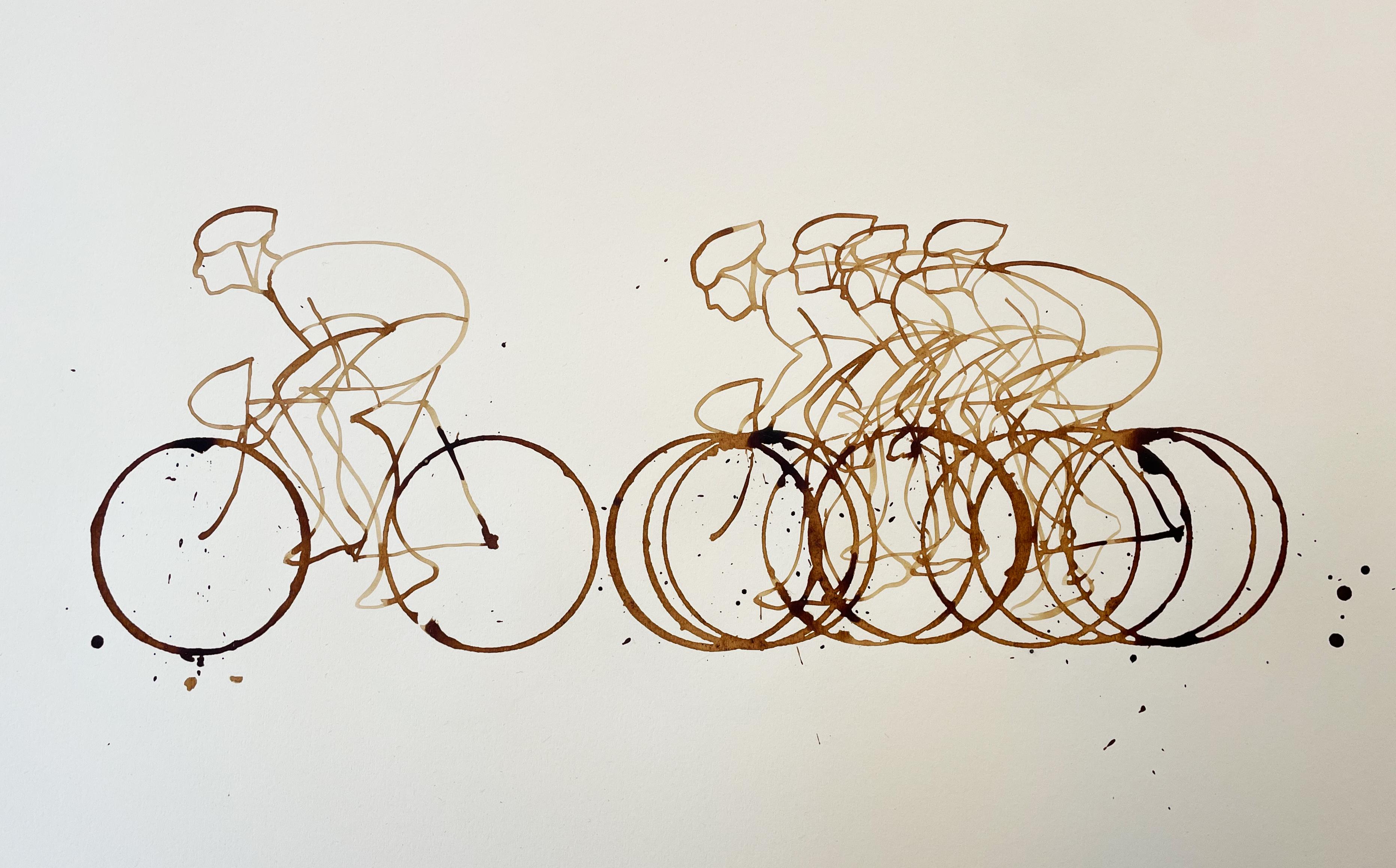 Eliza Southwood Figurative Art - Coffee Break (CB02_nov23), Coffee on paper, Cycling, Sports, Café, Illustration