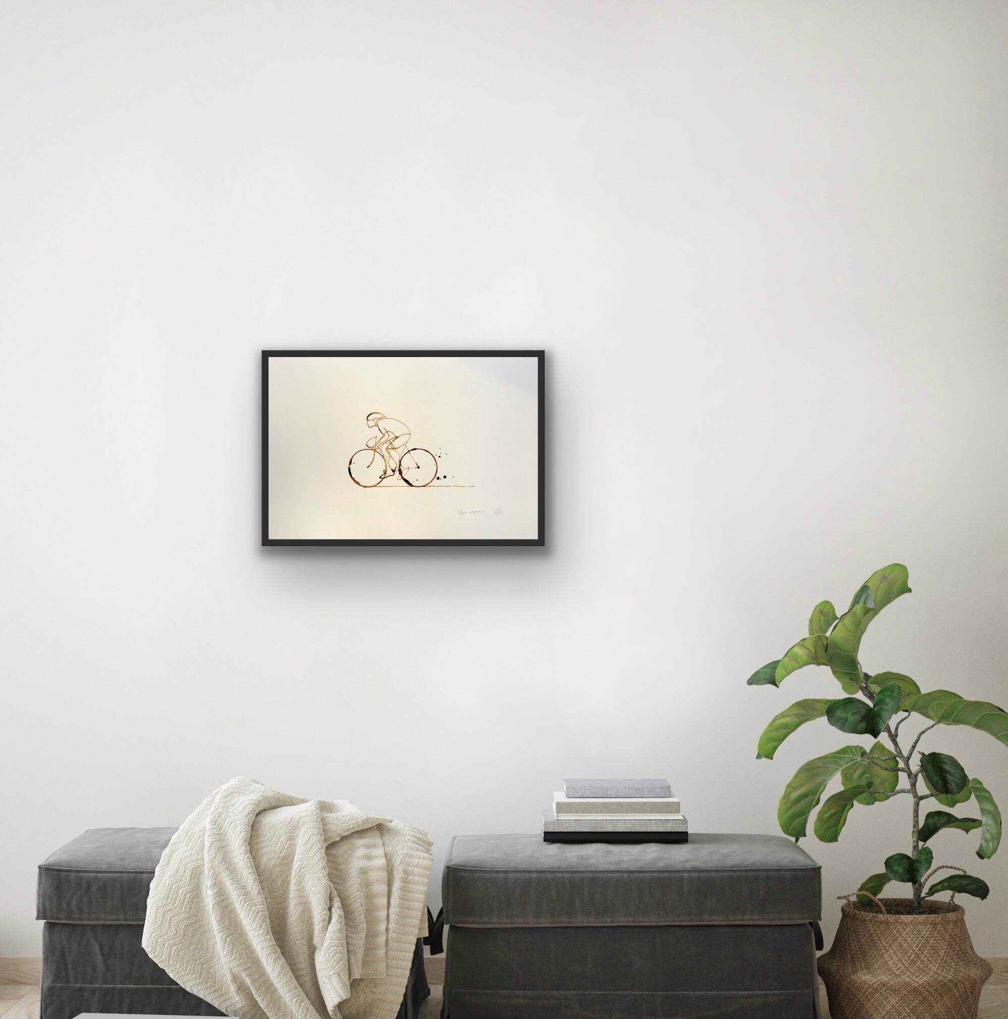 Coffee Espresso #20, Coffee on paper, Cycling, Sports, original painting - Painting by Eliza Southwood