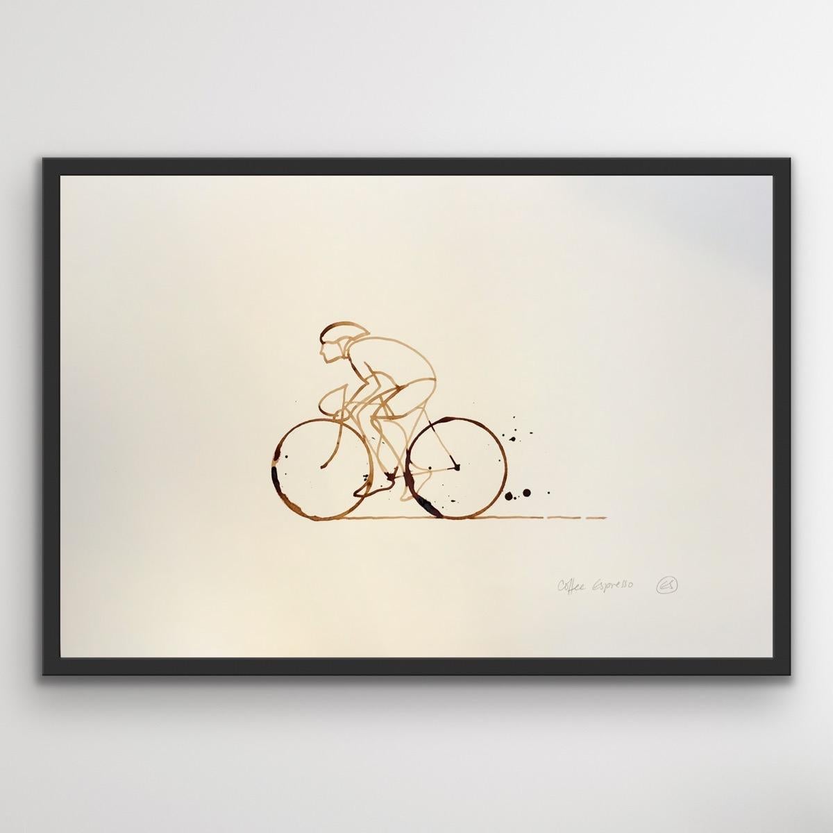 Coffee Espresso #20, Coffee on paper, Cycling, Sports, original painting - Contemporary Painting by Eliza Southwood
