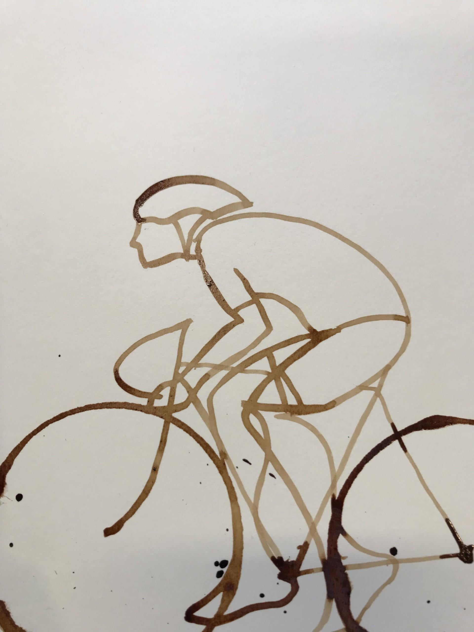 Coffee Espresso #20, Coffee on paper, Cycling, Sports, original painting - Beige Figurative Painting by Eliza Southwood