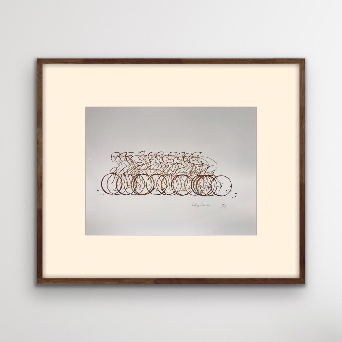 Coffee Peloton XXXV is an original signed coffee painting on paper by Eliza Southwood featuring a group of cyclists racing. This piece is a part of Eliza's coffee peloton series which combines the love of cycling with the love of a good coffee