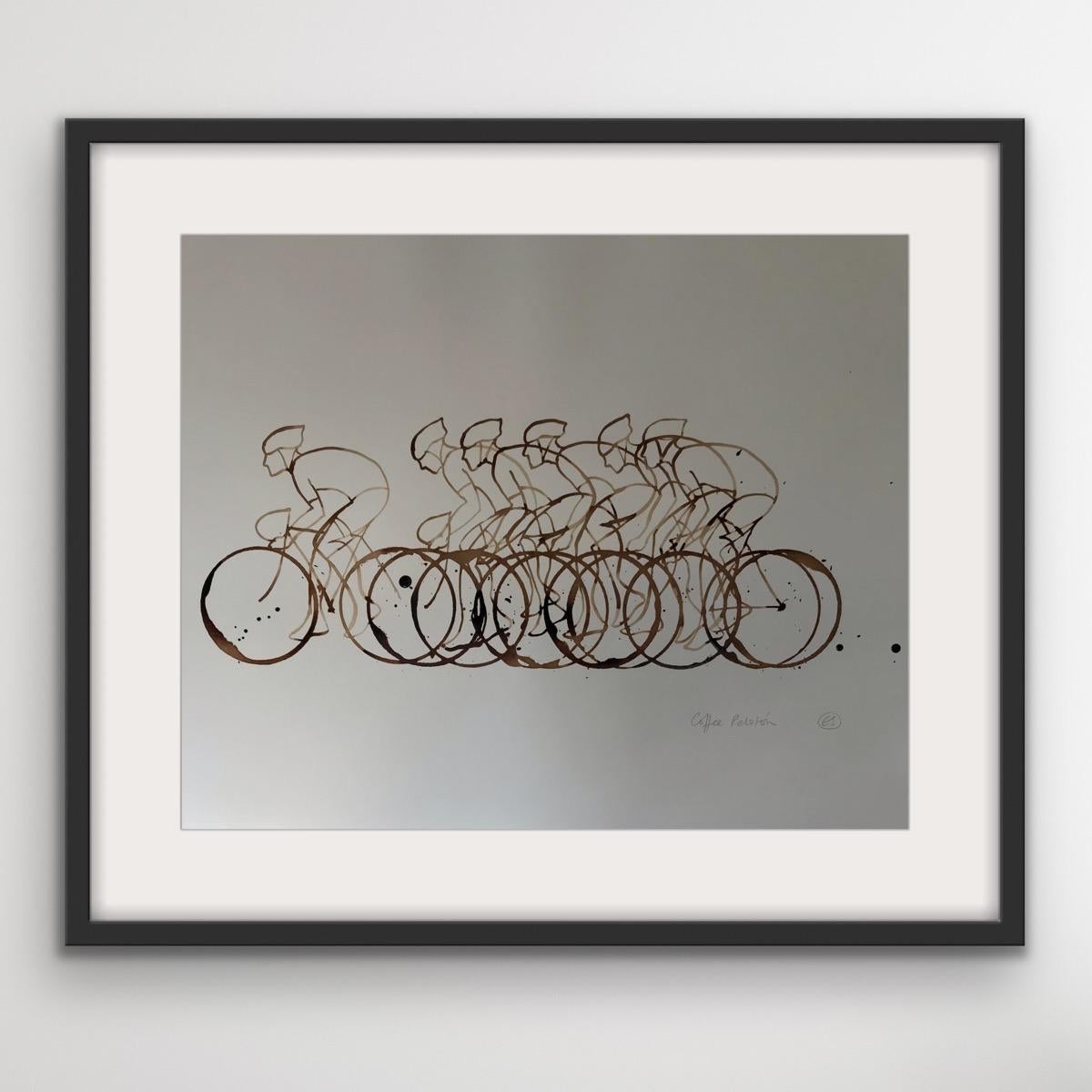 Coffee Peloton XXXV, Cycling Art, Sports Art, Figurative Painting, Bright Art - Gray Still-Life Painting by Eliza Southwood