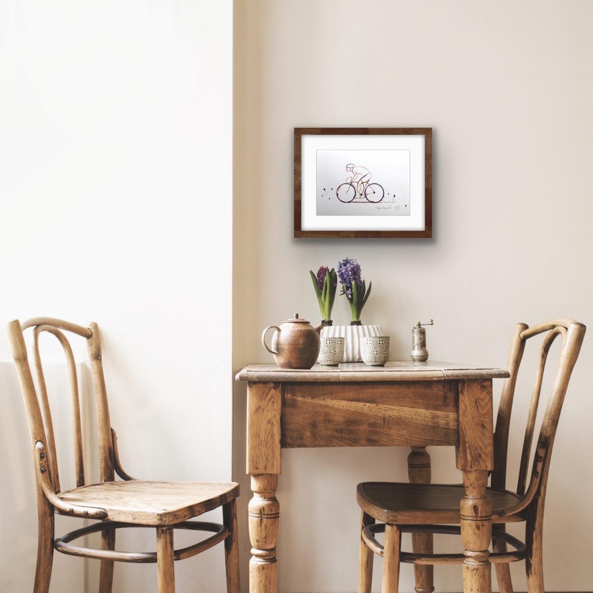 Kleiner Kaffee Espresso #1, Kaffee auf Papier, Radfahren, Sport (Grau), Landscape Painting, von Eliza Southwood