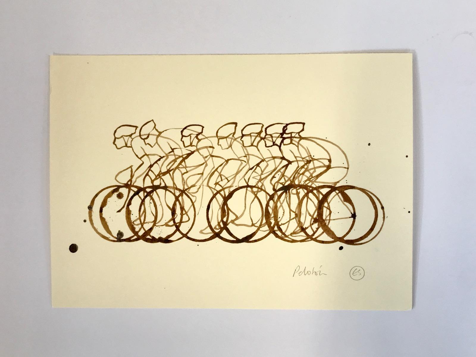 Small Coffee Peloton (CP1_small_feb15), caffè su carta, ciclista, arte sportiva - Painting di Eliza Southwood