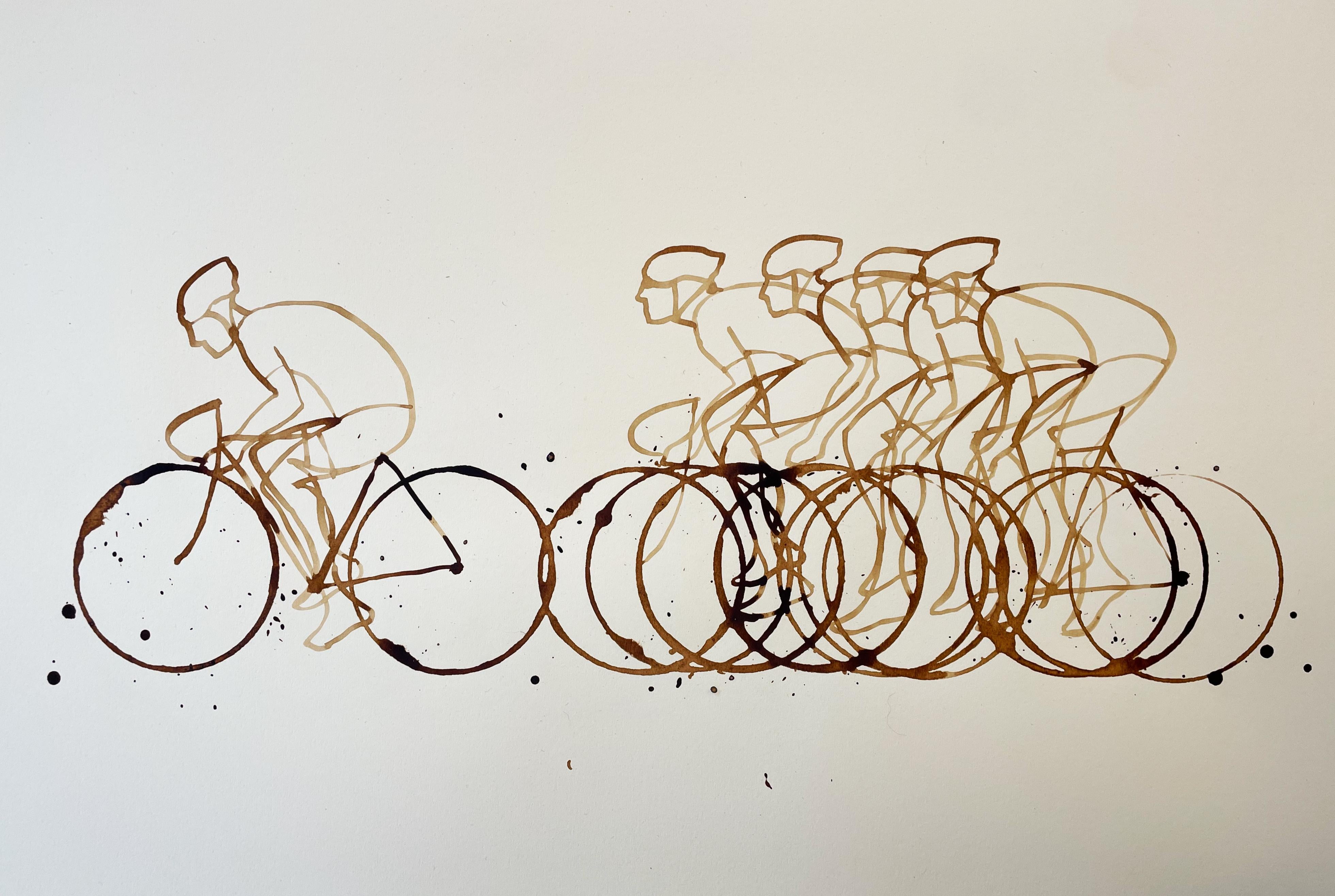 Pause café (CB01_nov23) Café sur papier, Cyclistes, Sports Art