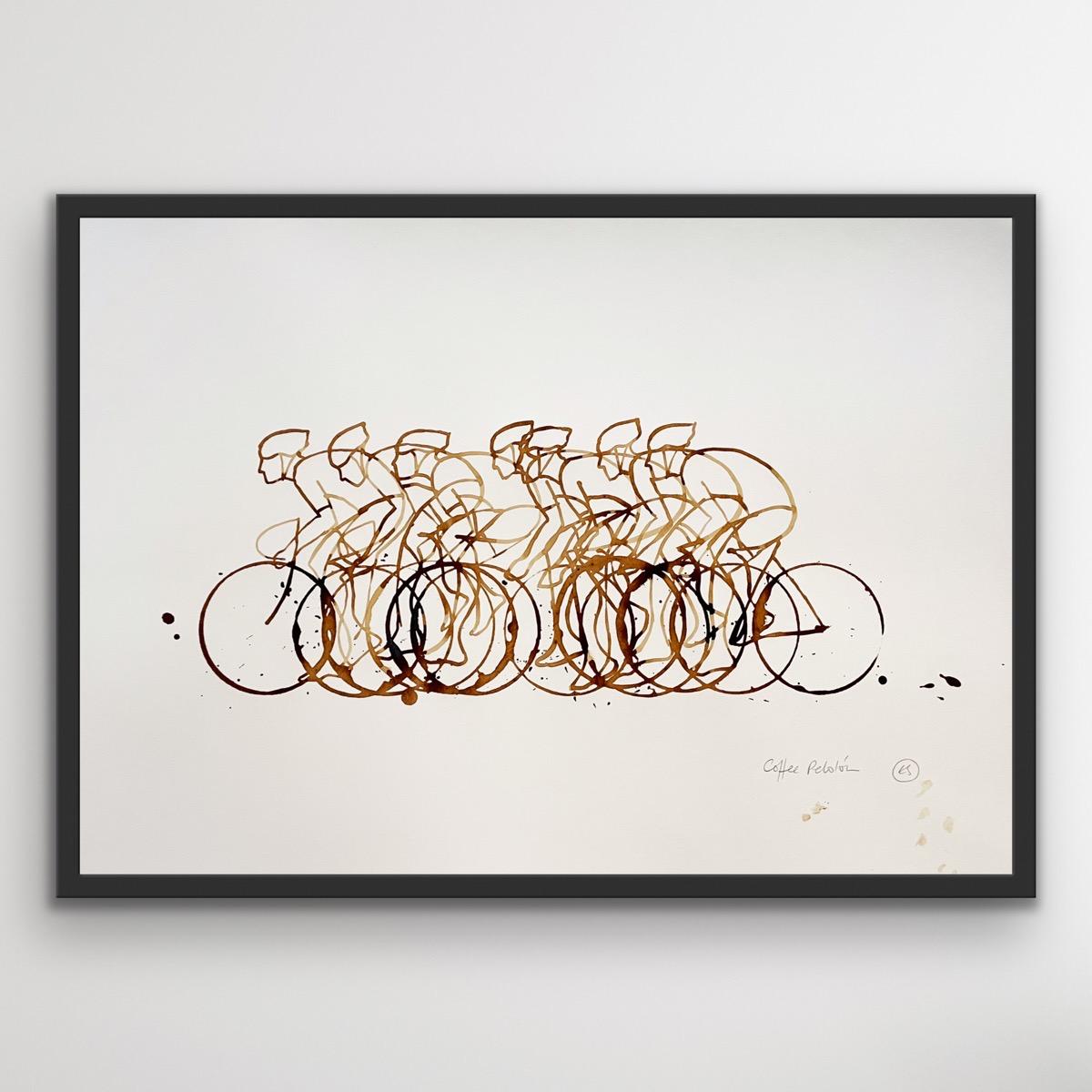 Coffee Break XXXVII, Coffee on paper, Cyclist, sport art, coffee - Print by Eliza Southwood