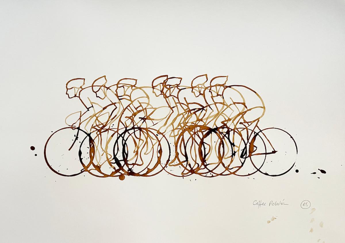 Eliza Southwood Figurative Print - Coffee Break XXXVII, Coffee on paper, Cyclist, sport art, coffee