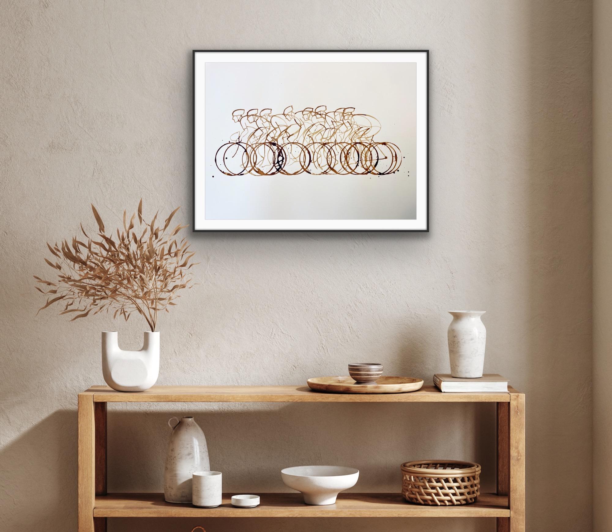 Coffee Peloton (CP01_nov23)
Eliza Southwood
Original still-life painting
Coffee on paper 
Image Size: H 42cm x W 60m
Sheet/Canvas Size: H 42cm x W 60cm x D 1cm
Sold Unframed

Still-life work of a group of cyclists. Original Artwork made from