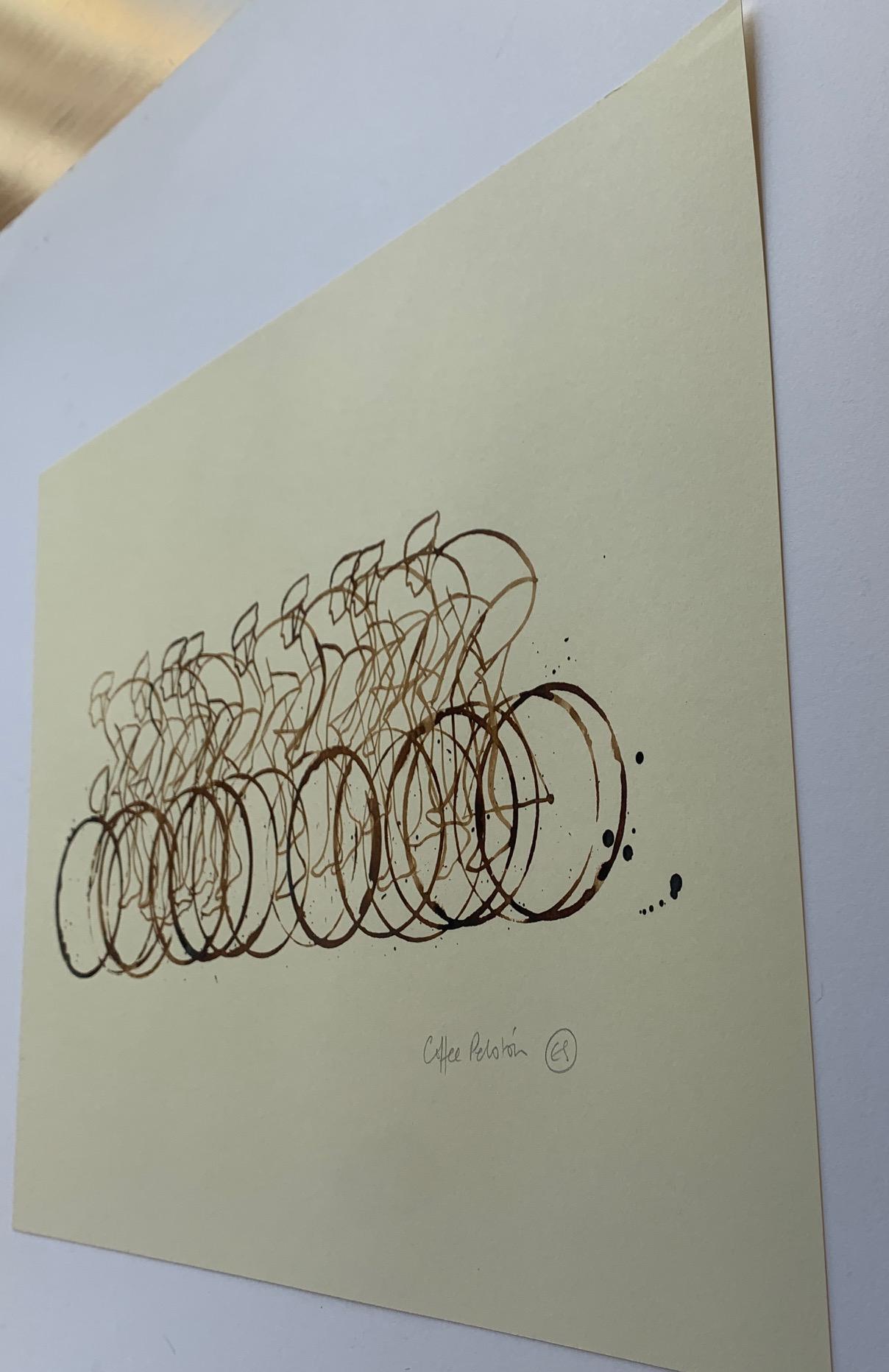 Original Artwork made from specially treated coffee and then submitted to a further setting treatment so the artwork will last.
Coffee Peloton Series IX is part of an ongoing series of work by artist and printamker Eliza Southwood. Each one from