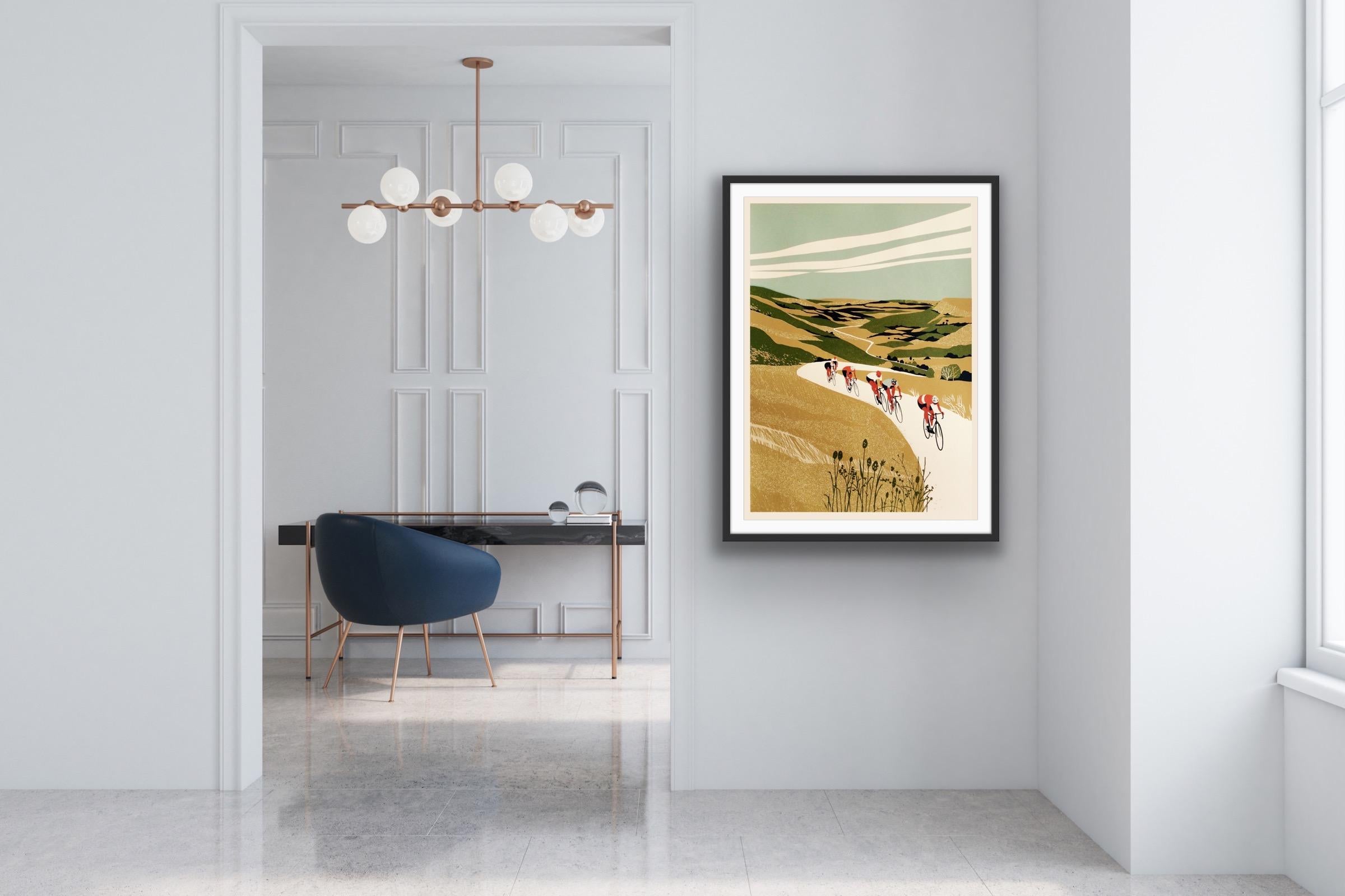 Dragon Ride, Druck in limitierter Auflage, Radfahren, Sport, Fahrradkunst, Siebdruck aus Seide (Beige), Landscape Print, von Eliza Southwood